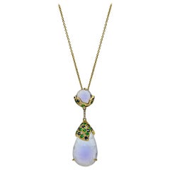 Moonstone Necklace with Sapphires, Tsavorites and Diamonds, 18 Karat Yellow Gold