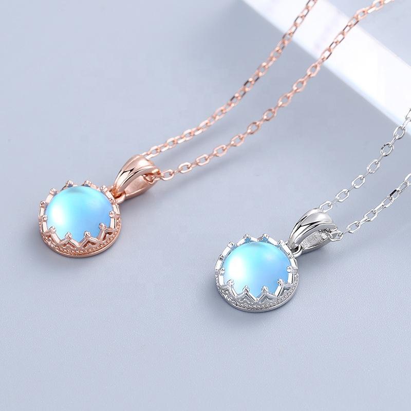 Round Cut Moonstone Necklaces Rose Gold Plated and Sterling Silver For Sale