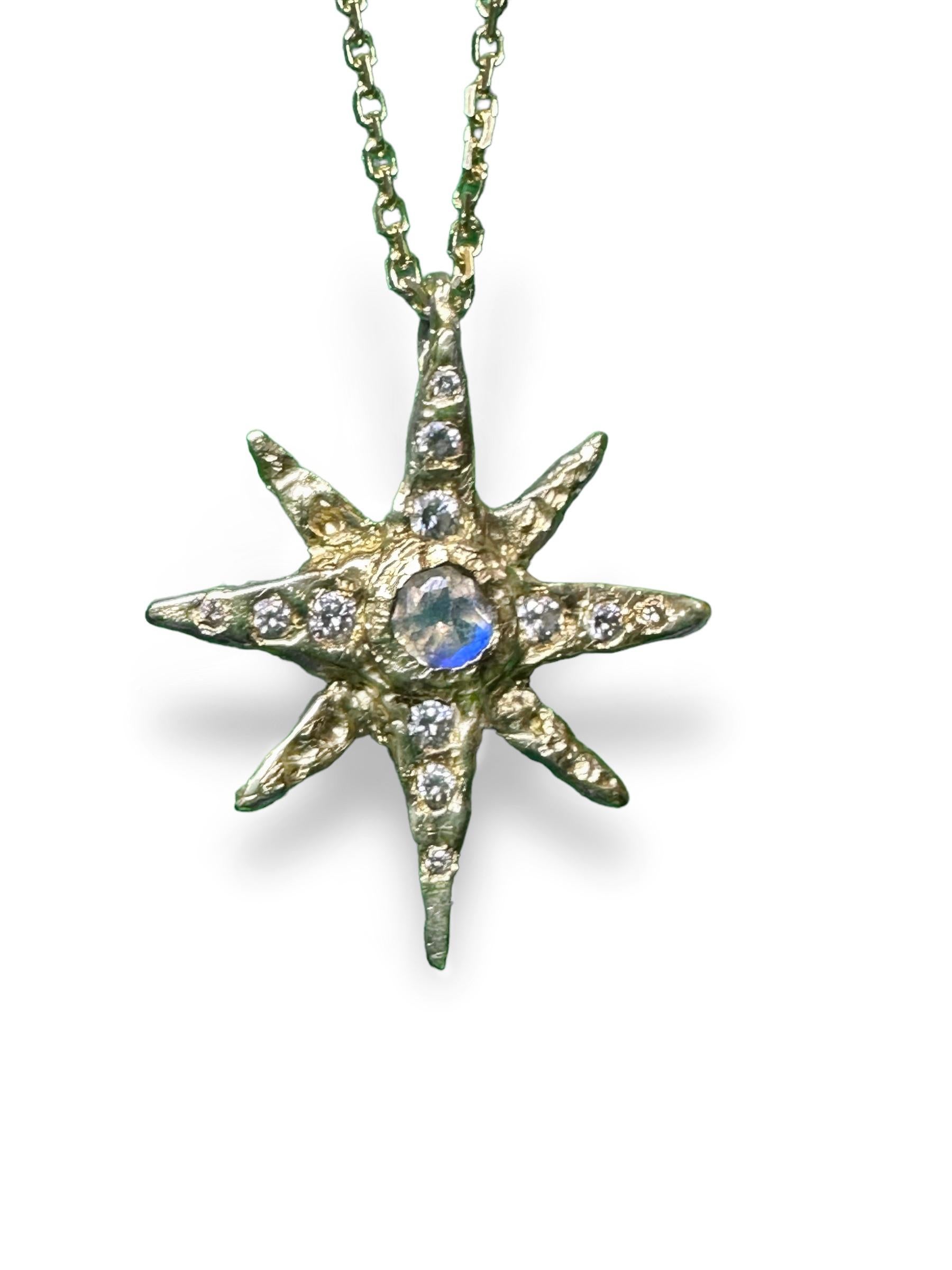Modernist Moonstone North Star Pendant Necklace with Diamonds in 18K Yellow Gold For Sale