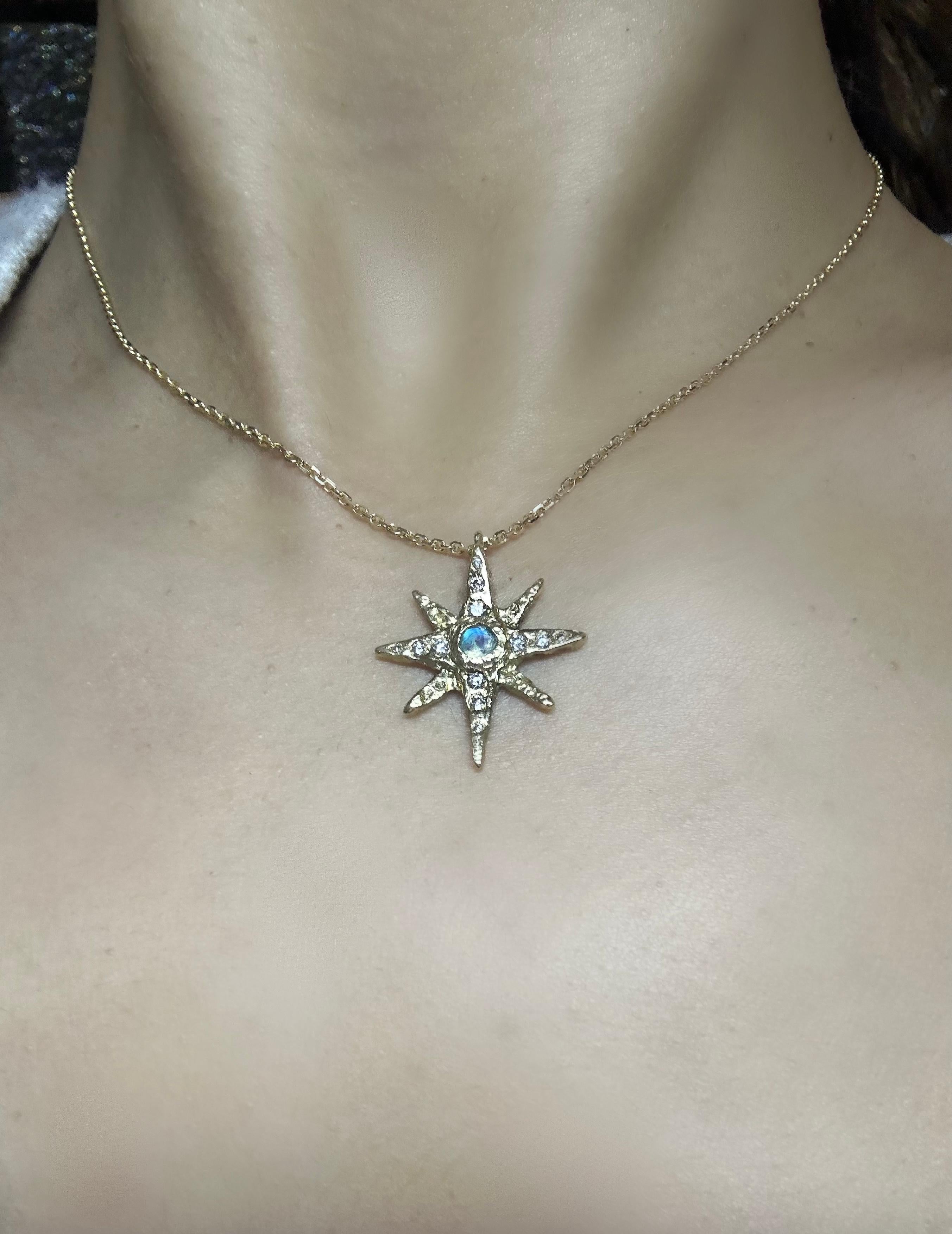 Brilliant Cut Moonstone North Star Pendant Necklace with Diamonds in 18K Yellow Gold For Sale