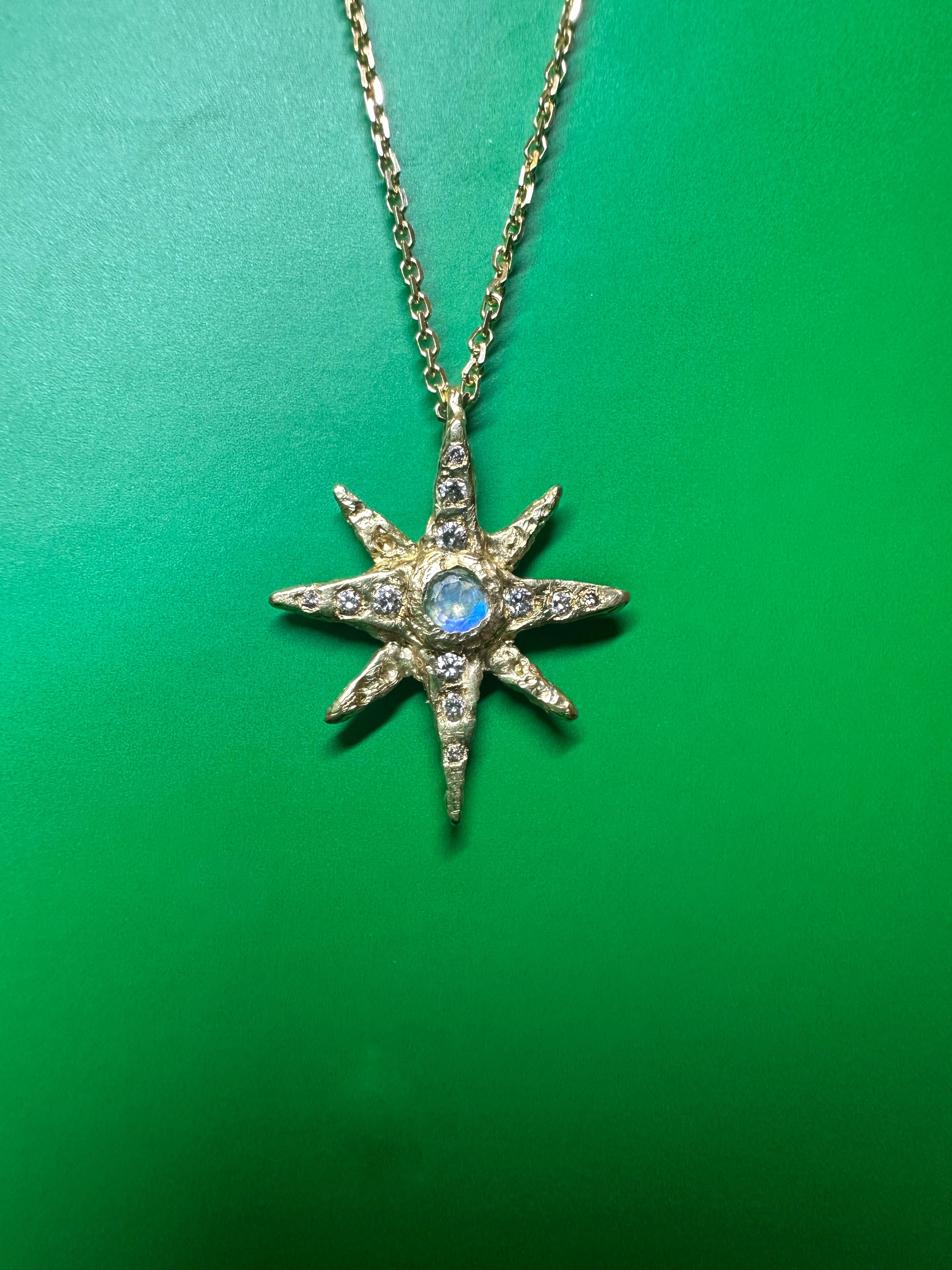 Women's Moonstone North Star Pendant Necklace with Diamonds in 18K Yellow Gold For Sale