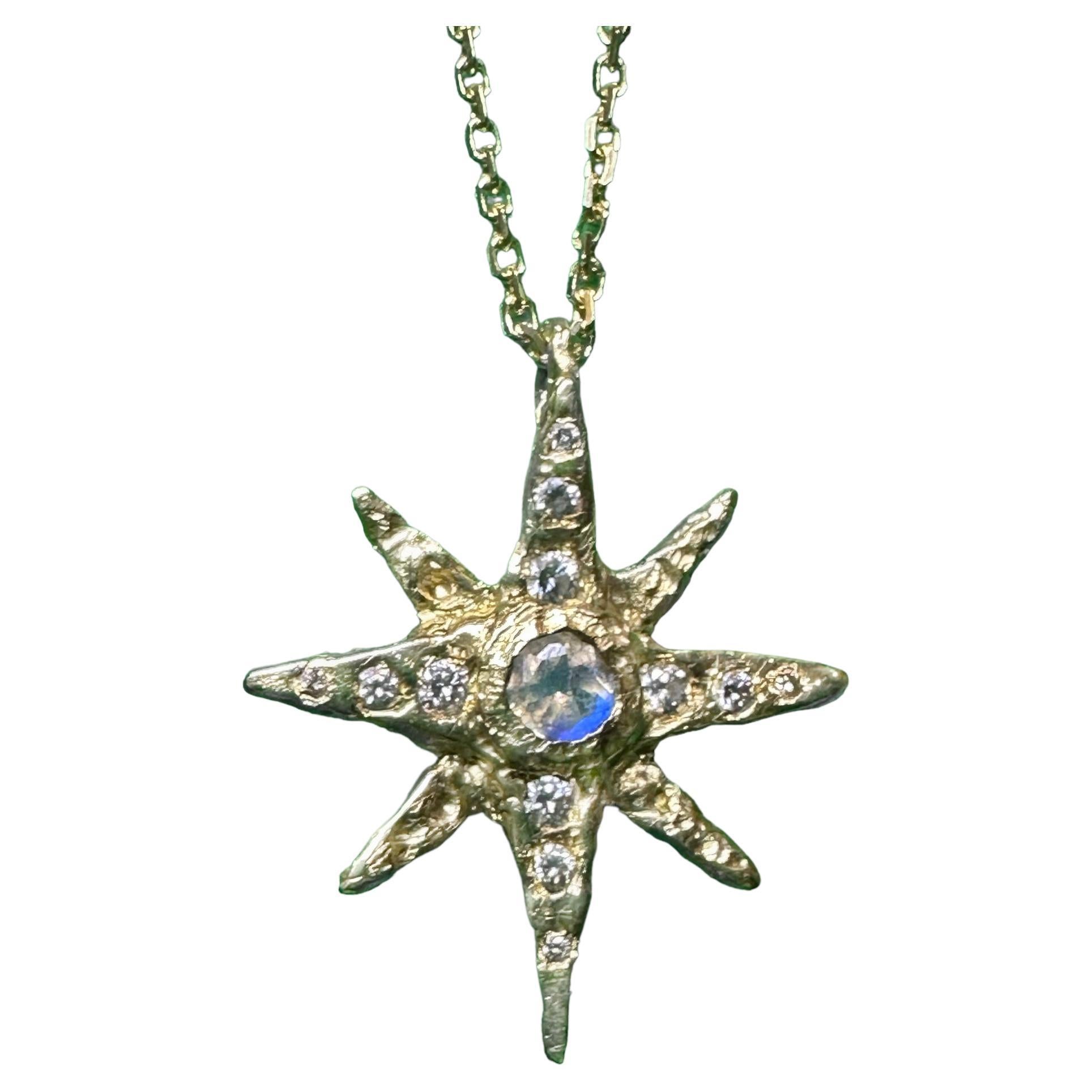 Moonstone North Star Pendant Necklace with Diamonds in 18K Yellow Gold For Sale