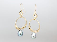 Moonstone, Old Cut Diamond and Tahitian Pearl Chandelier Earrings