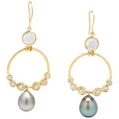 Moonstone, Old Cut Diamond and Tahitian Pearl Chandelier Earrings