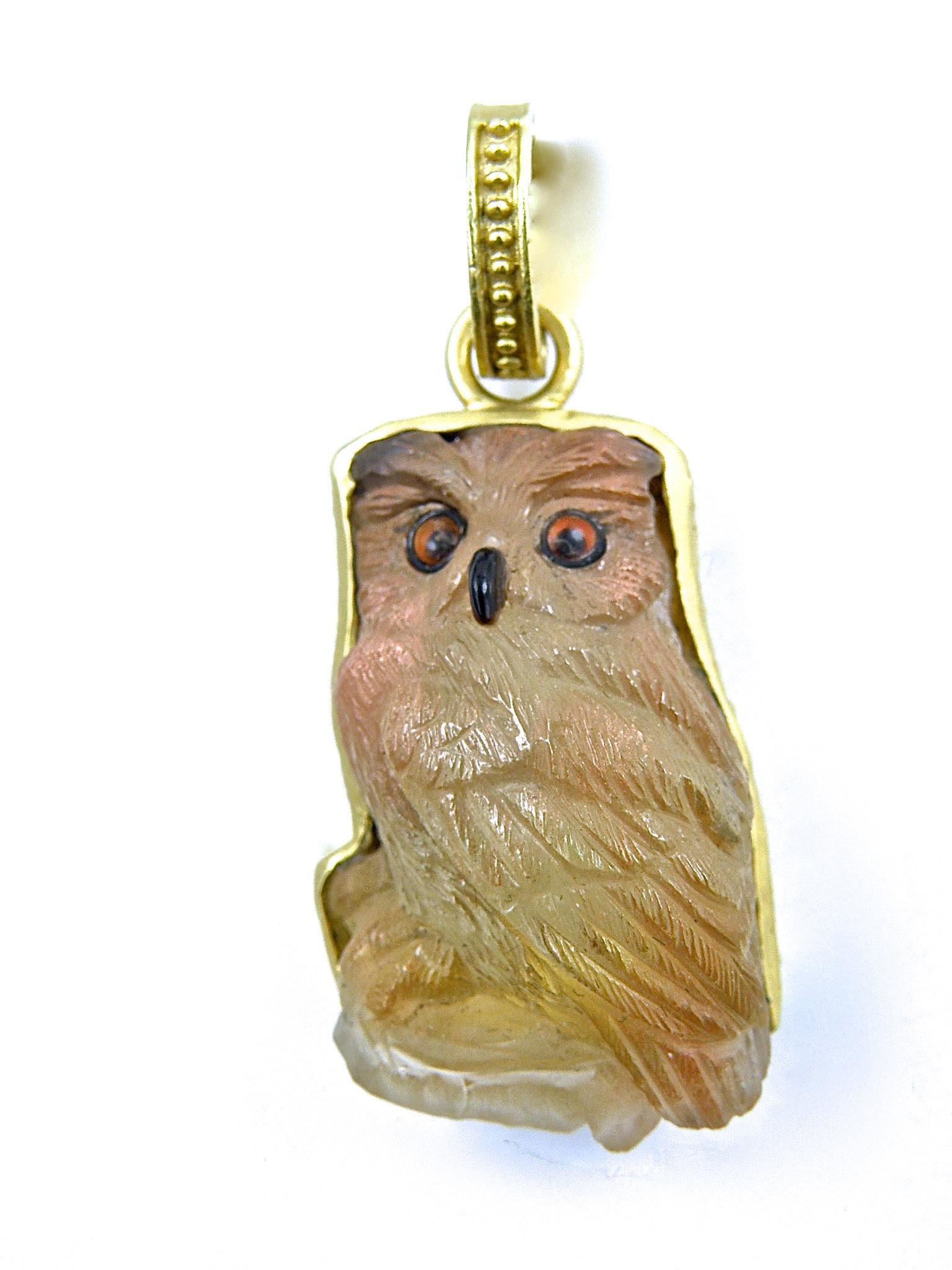 Contemporary Moonstone Onyx Citrine Gold Owl Pendant