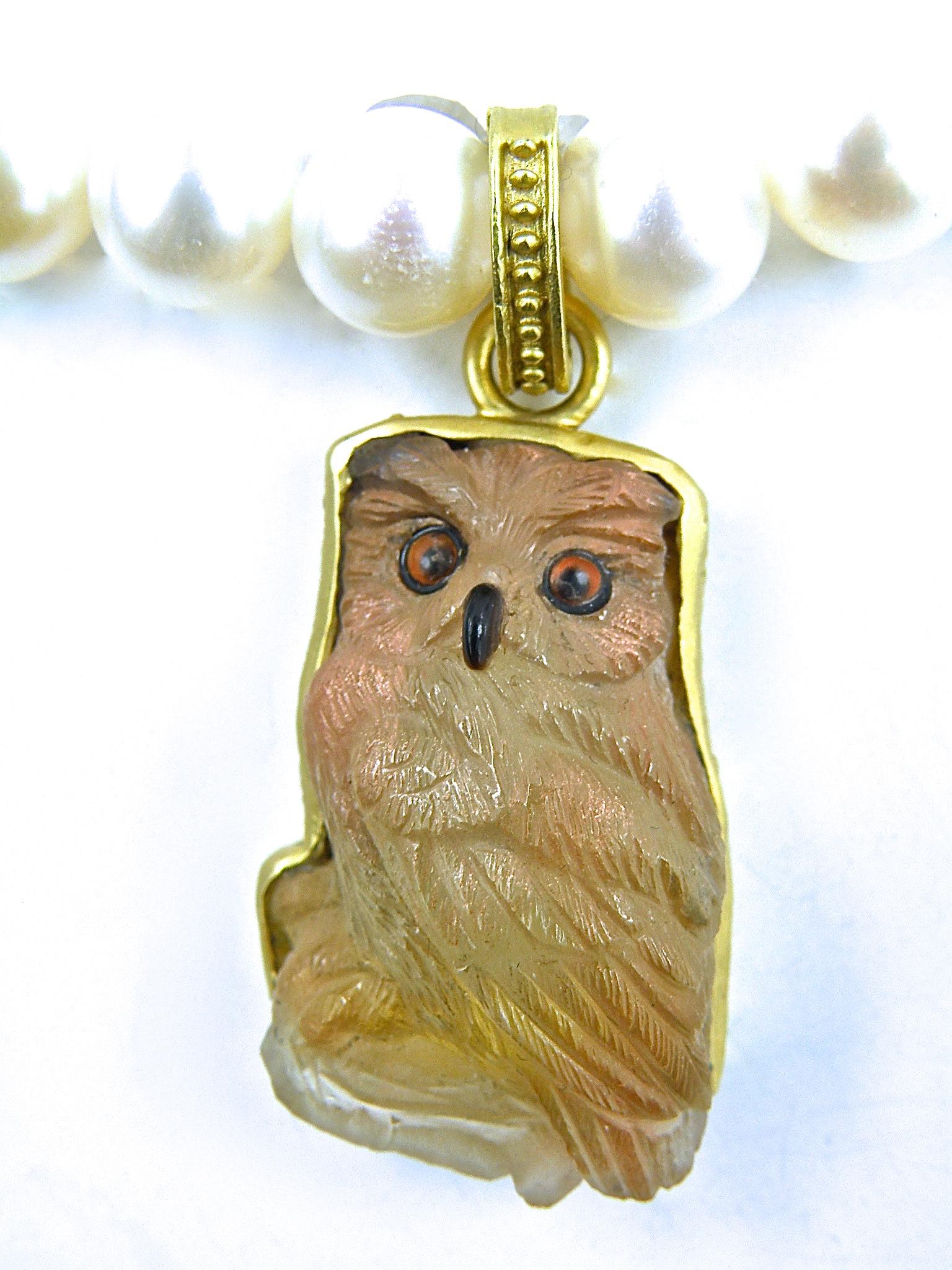 Moonstone Onyx Citrine Gold Owl Pendant In New Condition In Cohasset, MA