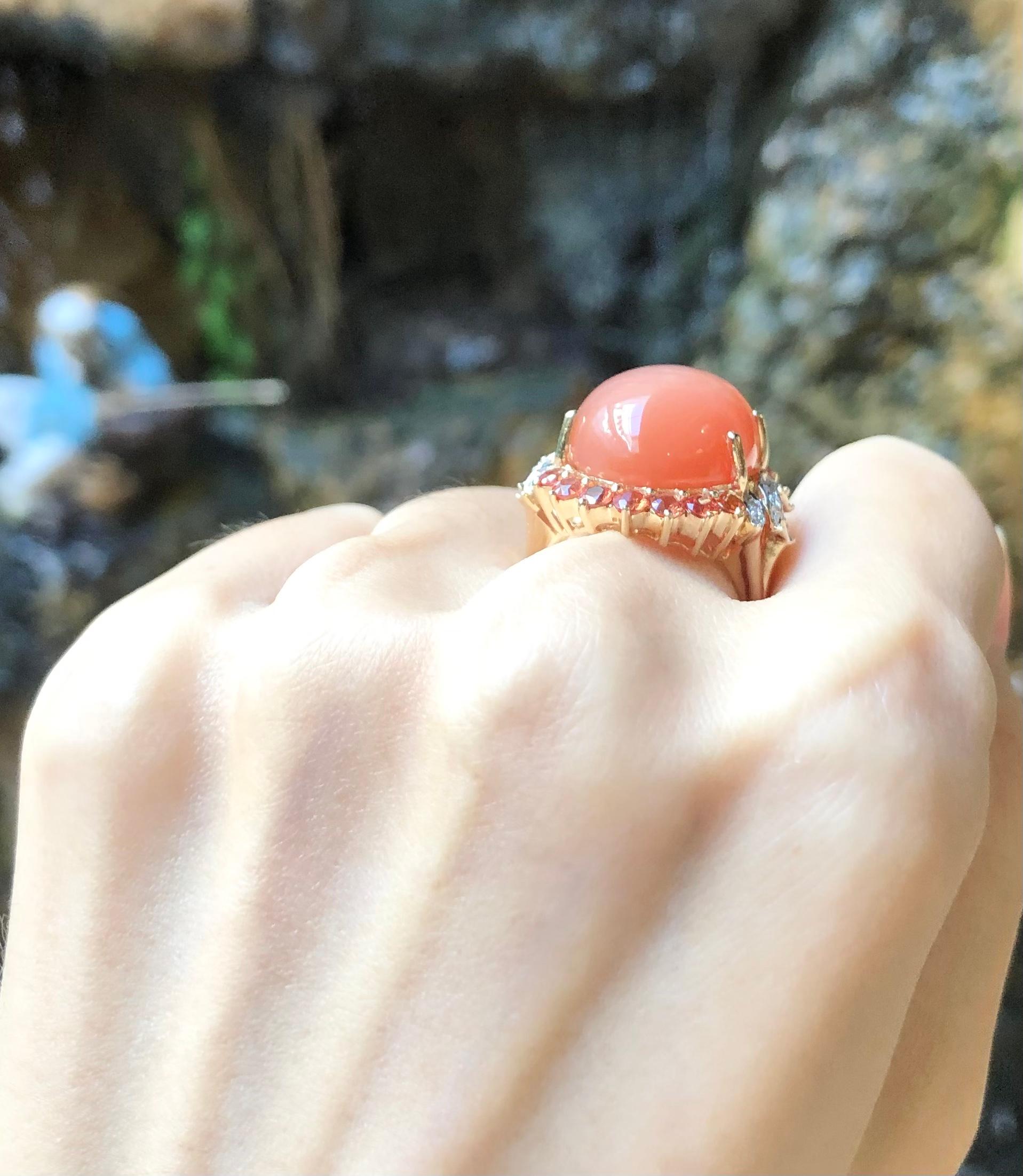 Contemporary Moonstone, Orange Sapphire and Diamond Ring Set in 14 Karat Gold Settings For Sale