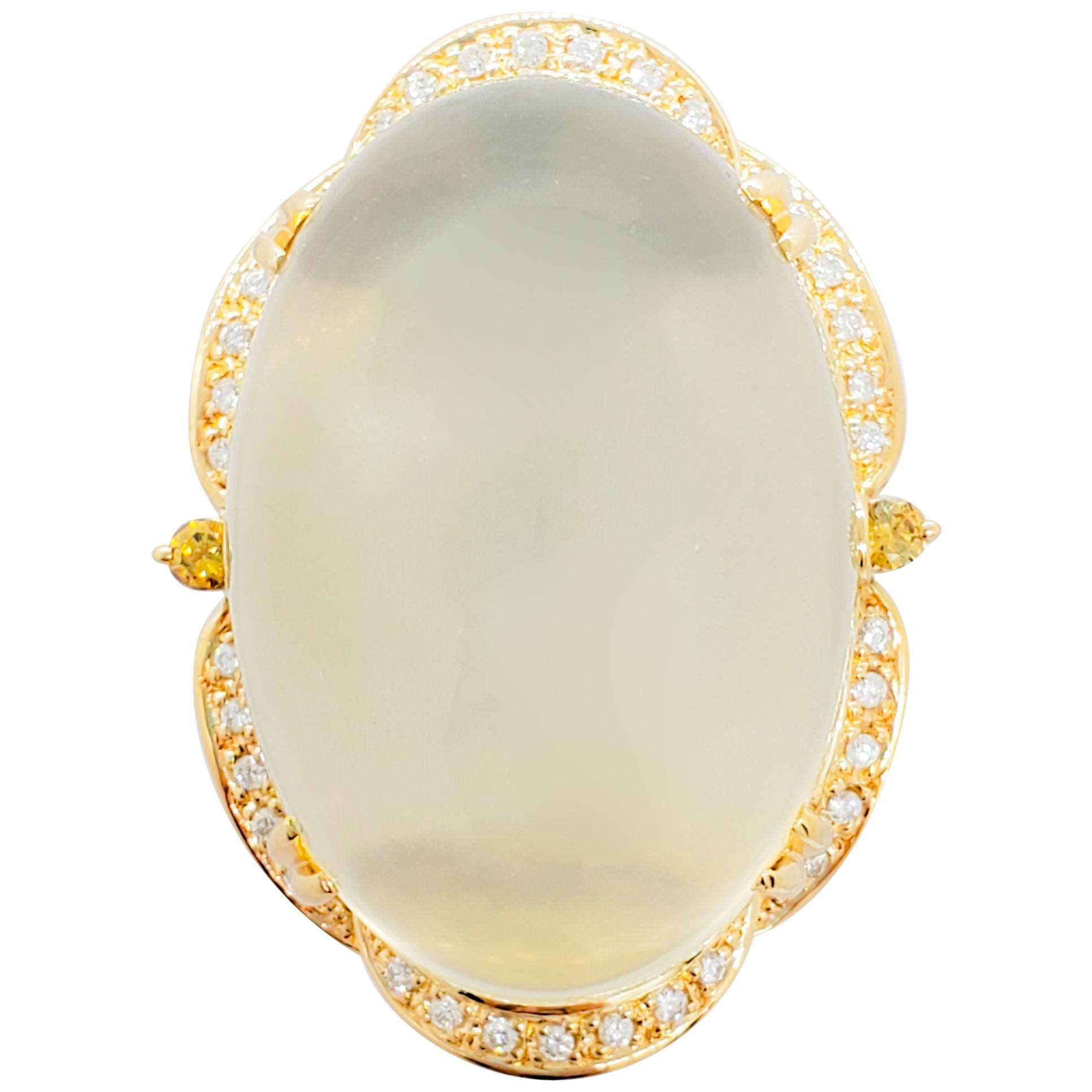 Moonstone Oval Cabochon and White Diamond Cocktail Ring in 18 Karat Yellow Gold