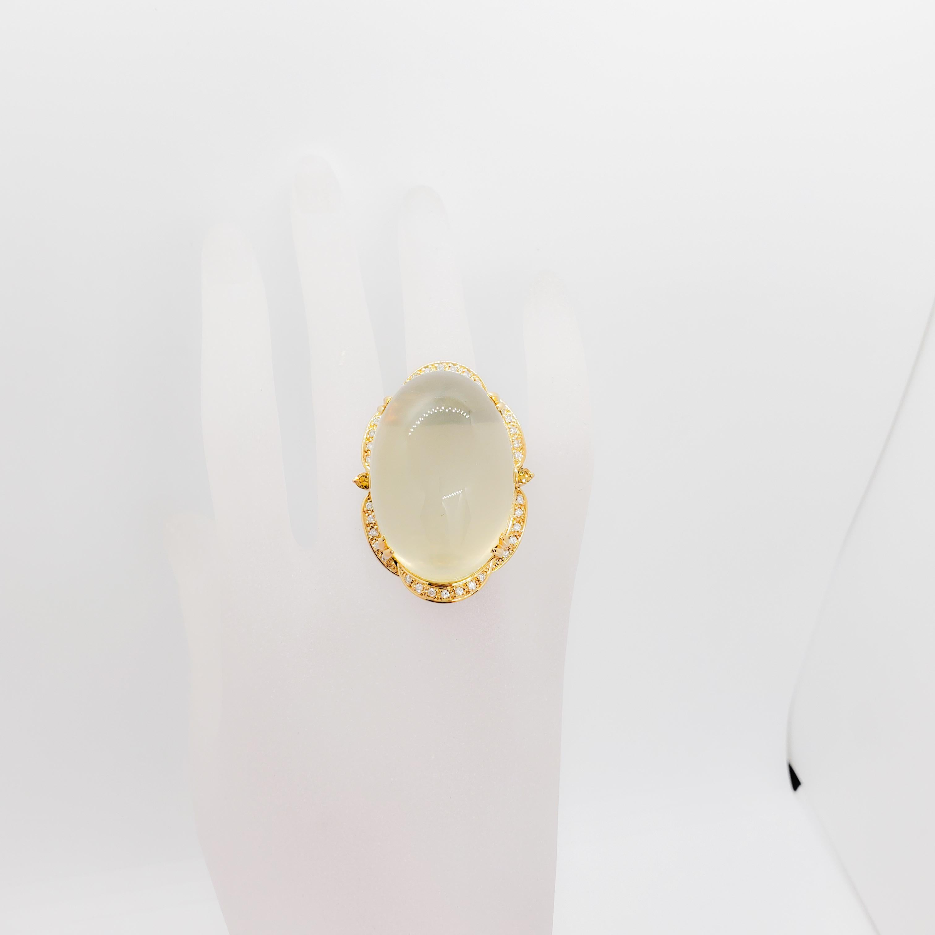 Oval Cut Moonstone Oval Cabochon and White Diamond Cocktail Ring in 18 Karat Yellow Gold