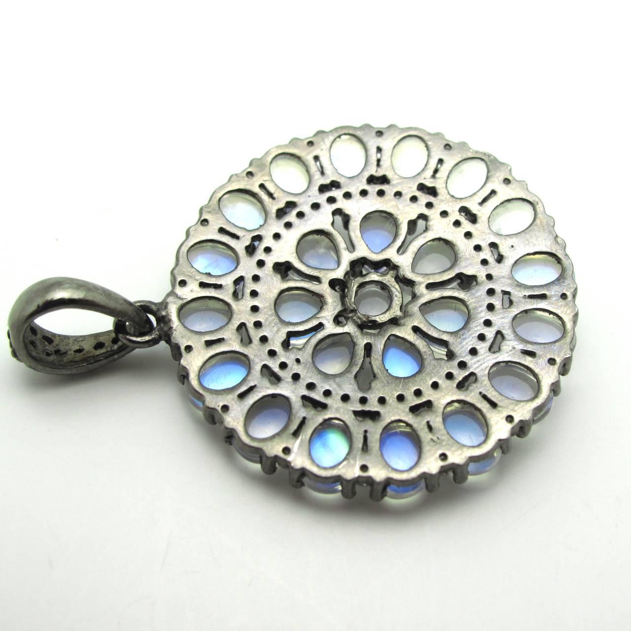 Modern Moonstone Oxidized Sterling Silver Pendant with Rose-Cut Diamond Bale For Sale