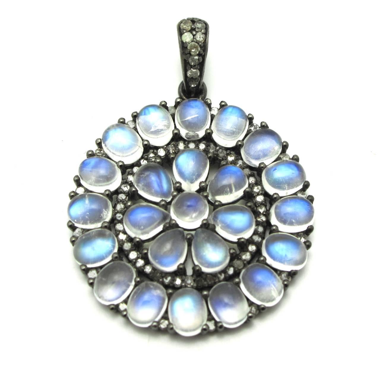 Oval Cut Moonstone Oxidized Sterling Silver Pendant with Rose-Cut Diamond Bale For Sale