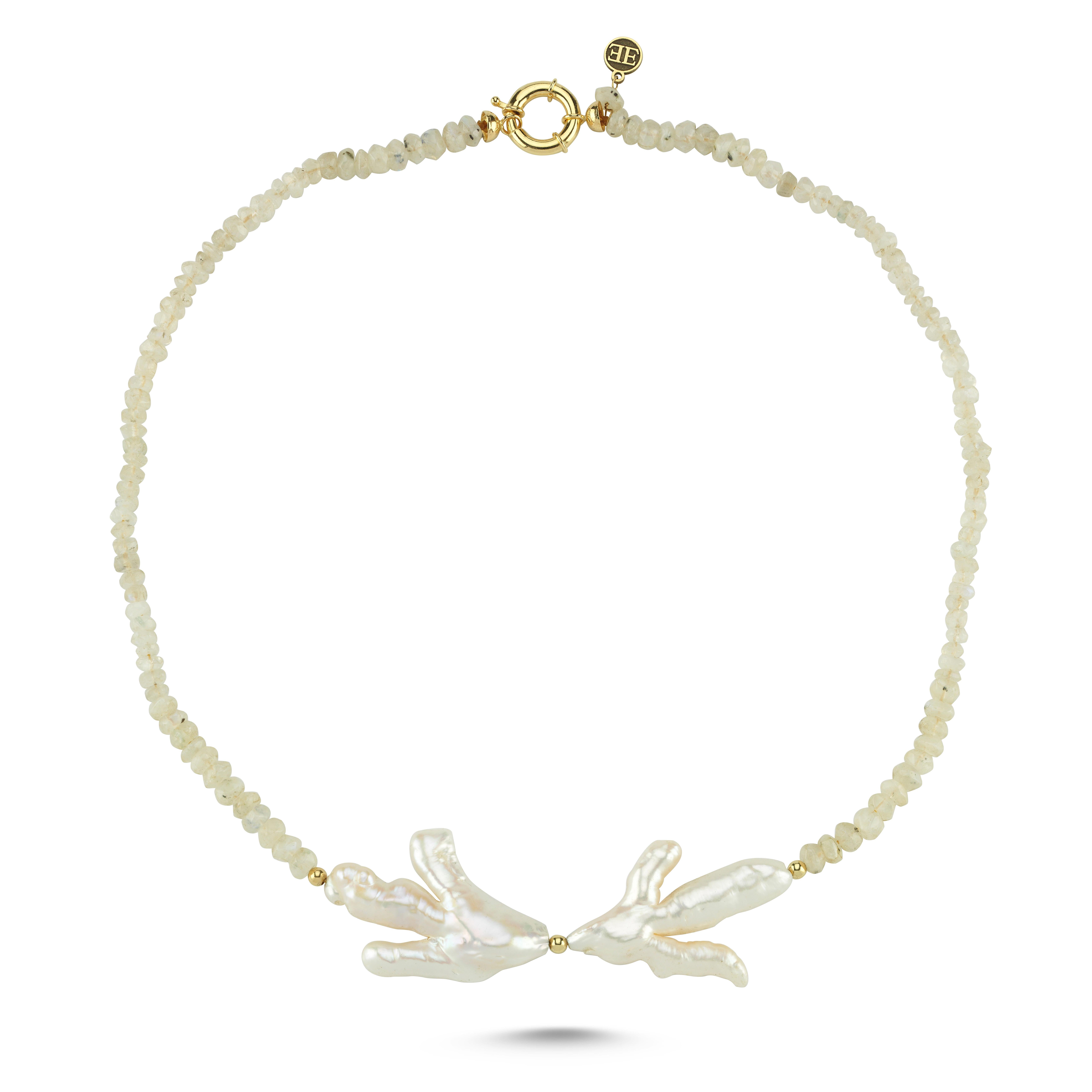 Mondstein und Barockperle 14k Gold Halskette (Gemischter Schliff) im Angebot