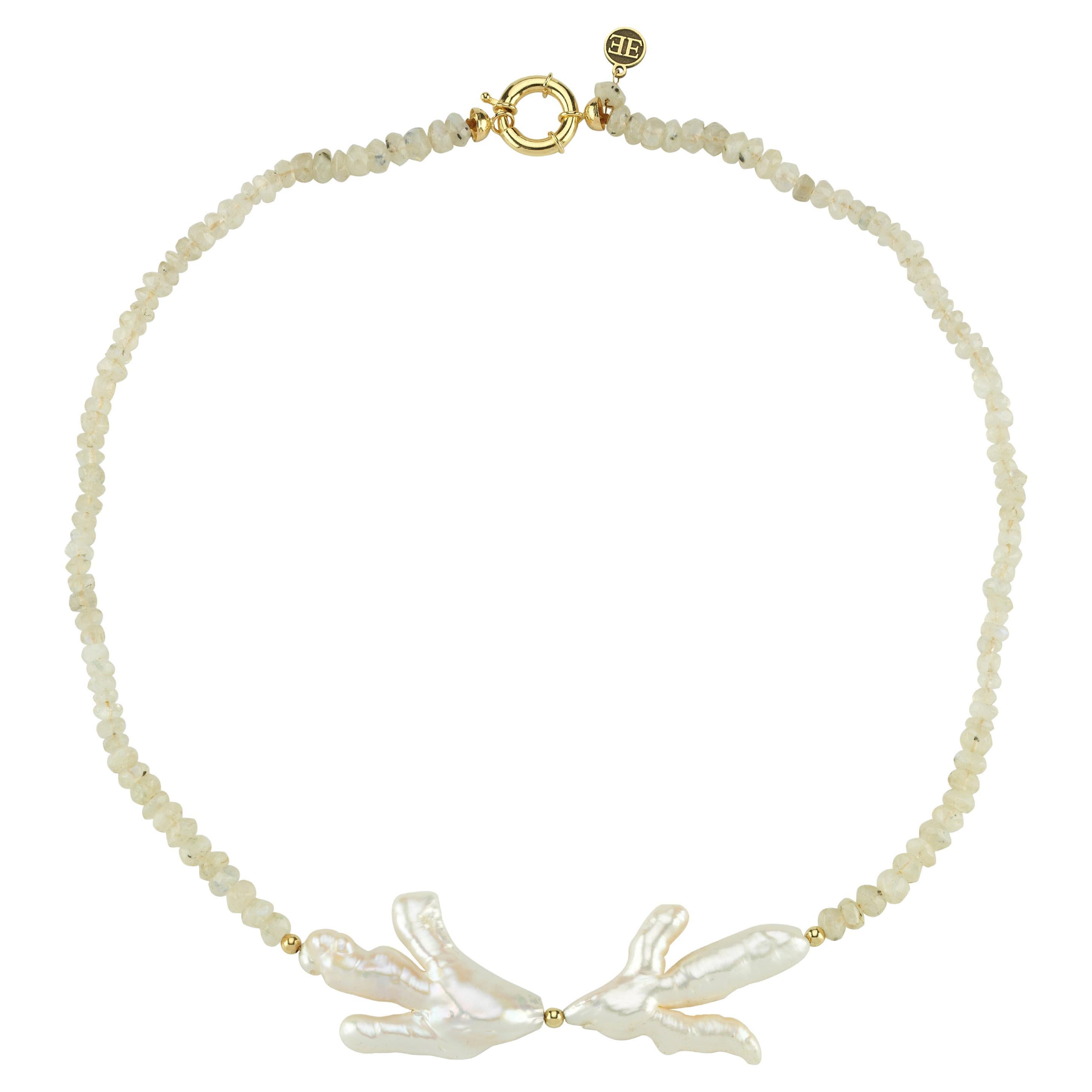 Moonstone and Baroque Pearl 14k Gold Necklace For Sale