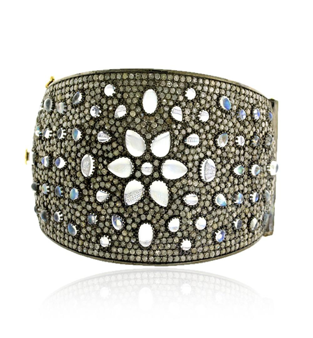 Artisan Moonstone & Pave Diamonds Cuff with Grill Made in 14k Gold & Silver For Sale