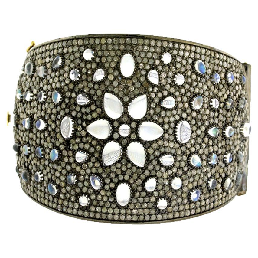 Moonstone & Pave Diamonds Cuff with Grill Made in 14k Gold & Silver For Sale