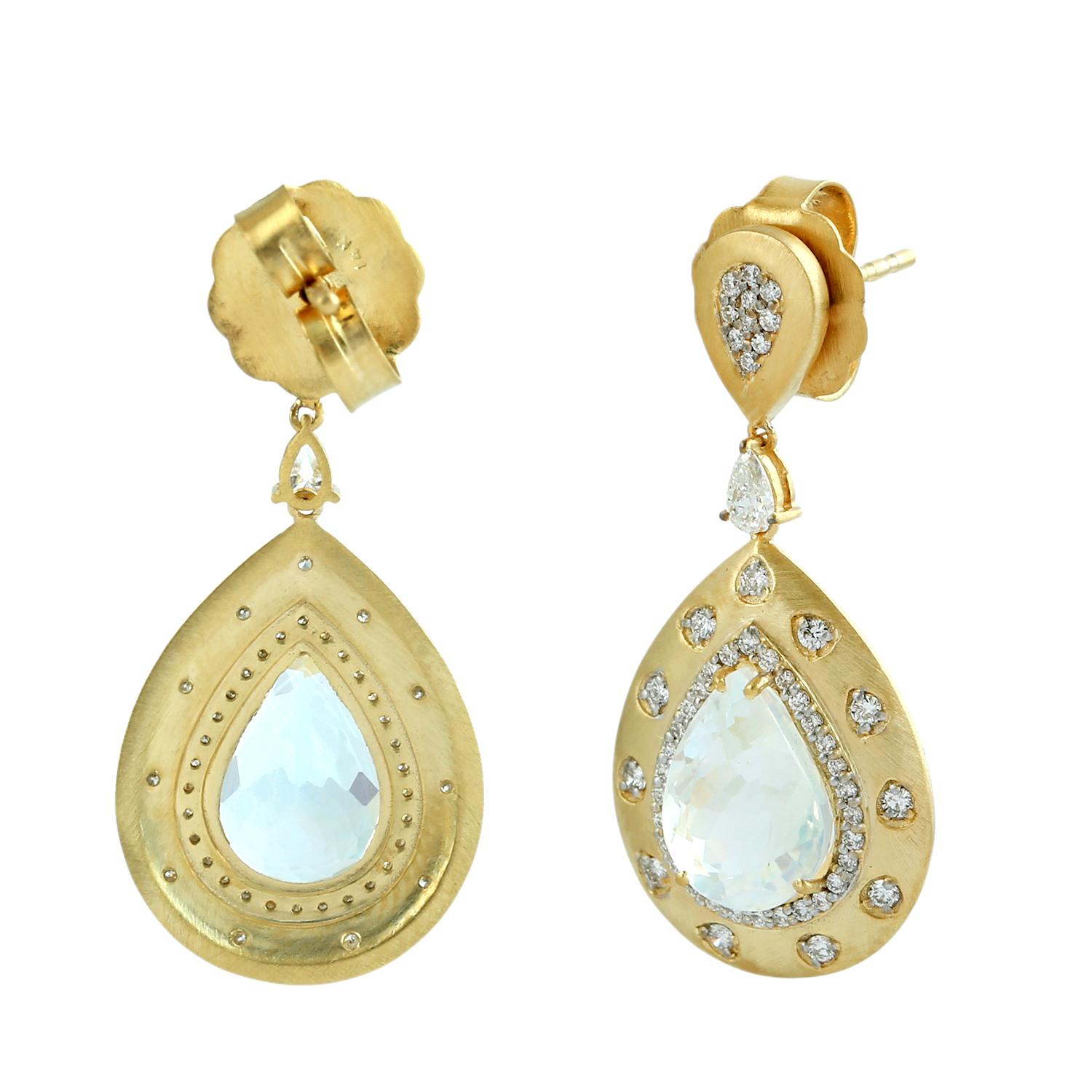 Art Deco Moonstone Pear Shaped Dangle Earrings With Diamonds In 14k Yellow Gold For Sale