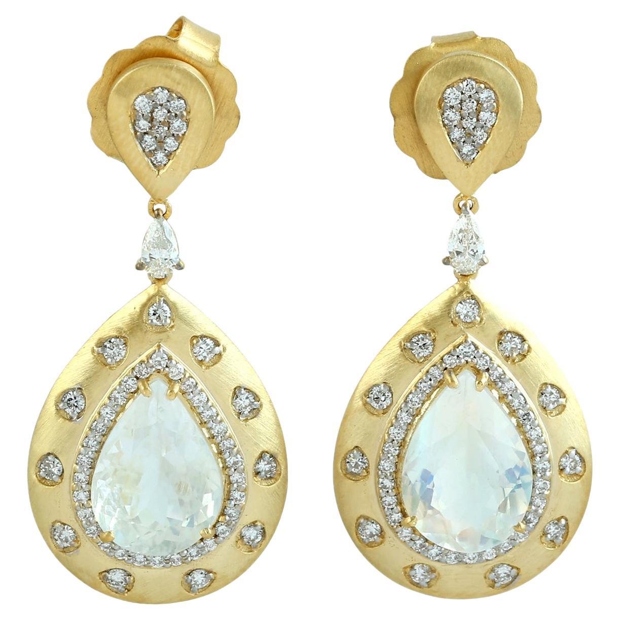 Moonstone Pear Shaped Dangle Earrings With Diamonds In 14k Yellow Gold For Sale