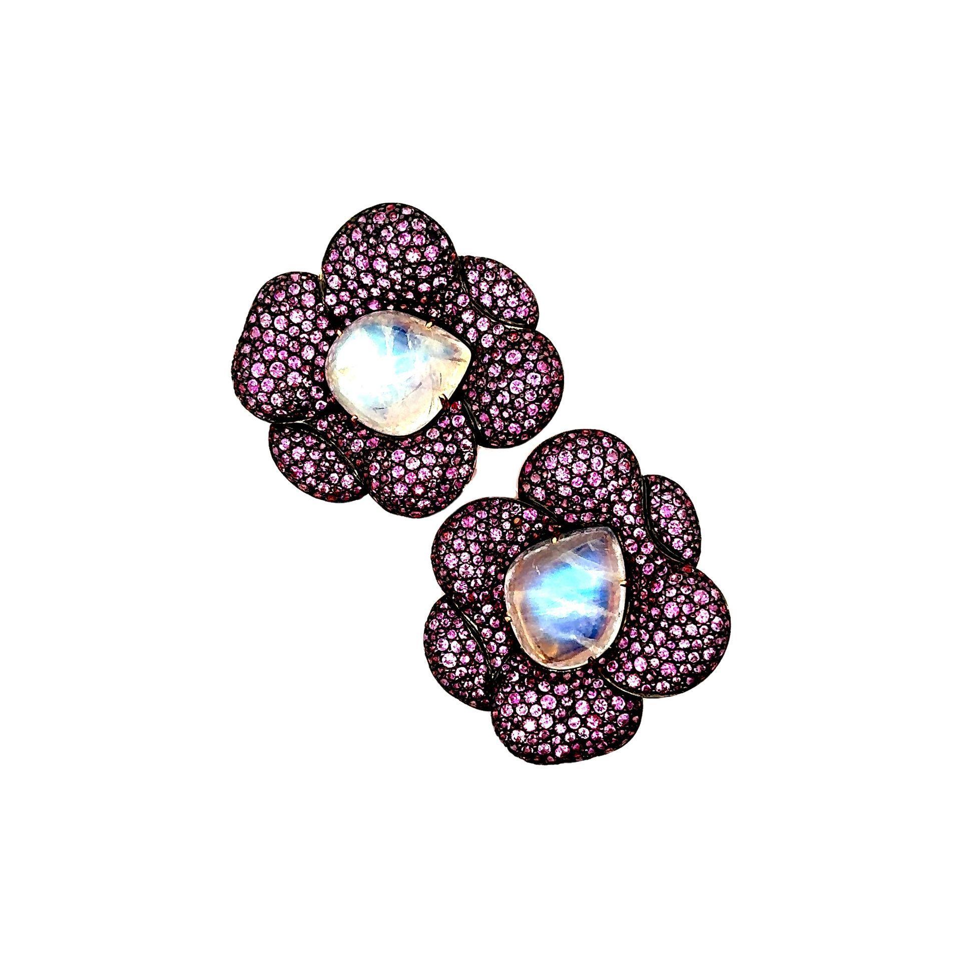 Contemporary Moonstone Pink Sapphire 18k Rose-Gold Floral Earrings For Sale