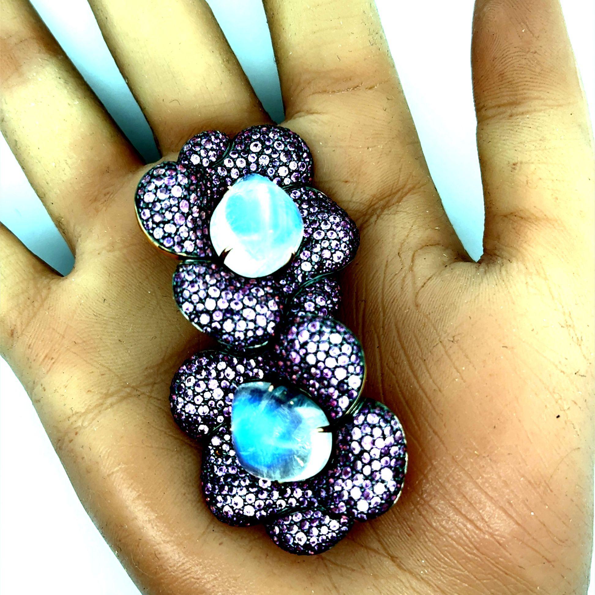 Cabochon Moonstone Pink Sapphire 18k Rose-Gold Floral Earrings For Sale