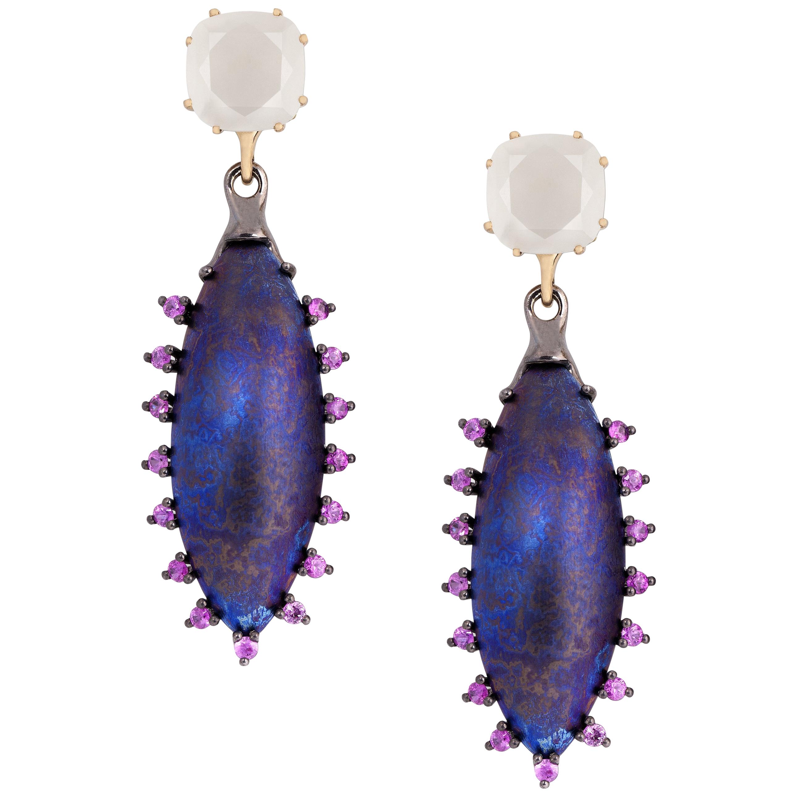 Moonstone Pink Sapphires 18 Karat Gold Silver Blue Purple Timascus Earrings  For Sale