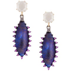 Moonstone Pink Sapphires 18 Karat Gold Silver Blue Purple Timascus Earrings 