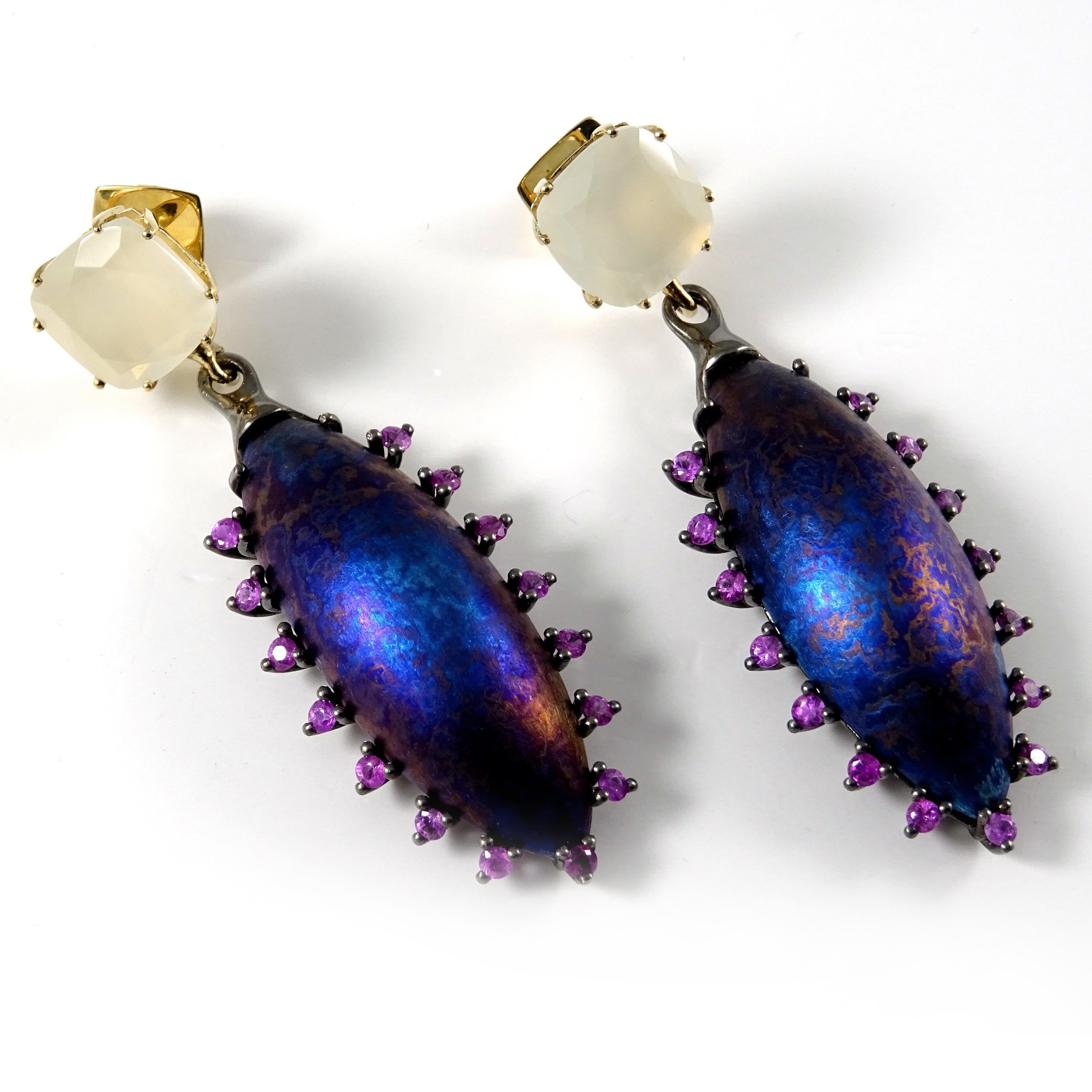 Contemporary Moonstone Pink Sapphires 18 Karat Gold Silver Blue Purple Timascus Earrings  For Sale