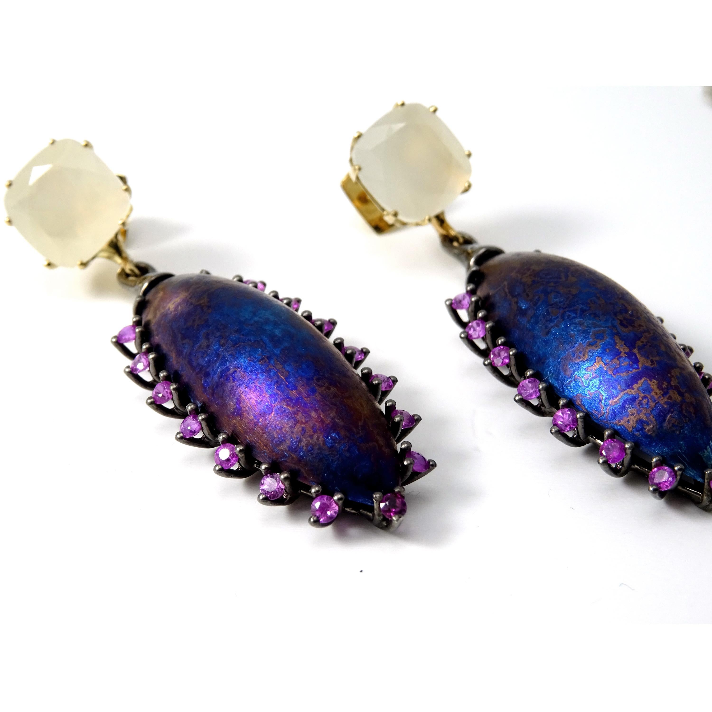 Brilliant Cut Moonstone Pink Sapphires 18 Karat Gold Silver Blue Purple Timascus Earrings  For Sale