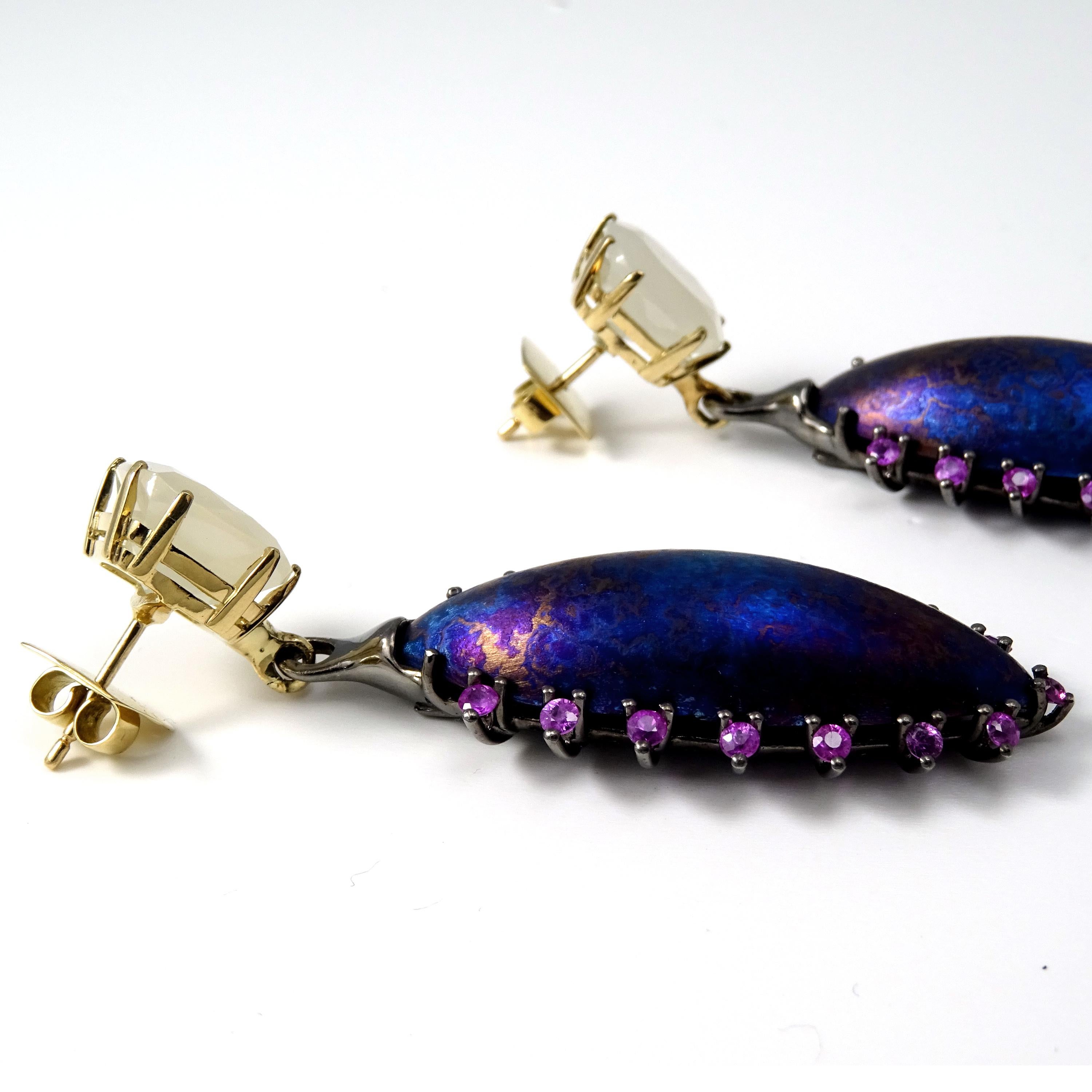 Women's Moonstone Pink Sapphires 18 Karat Gold Silver Blue Purple Timascus Earrings  For Sale