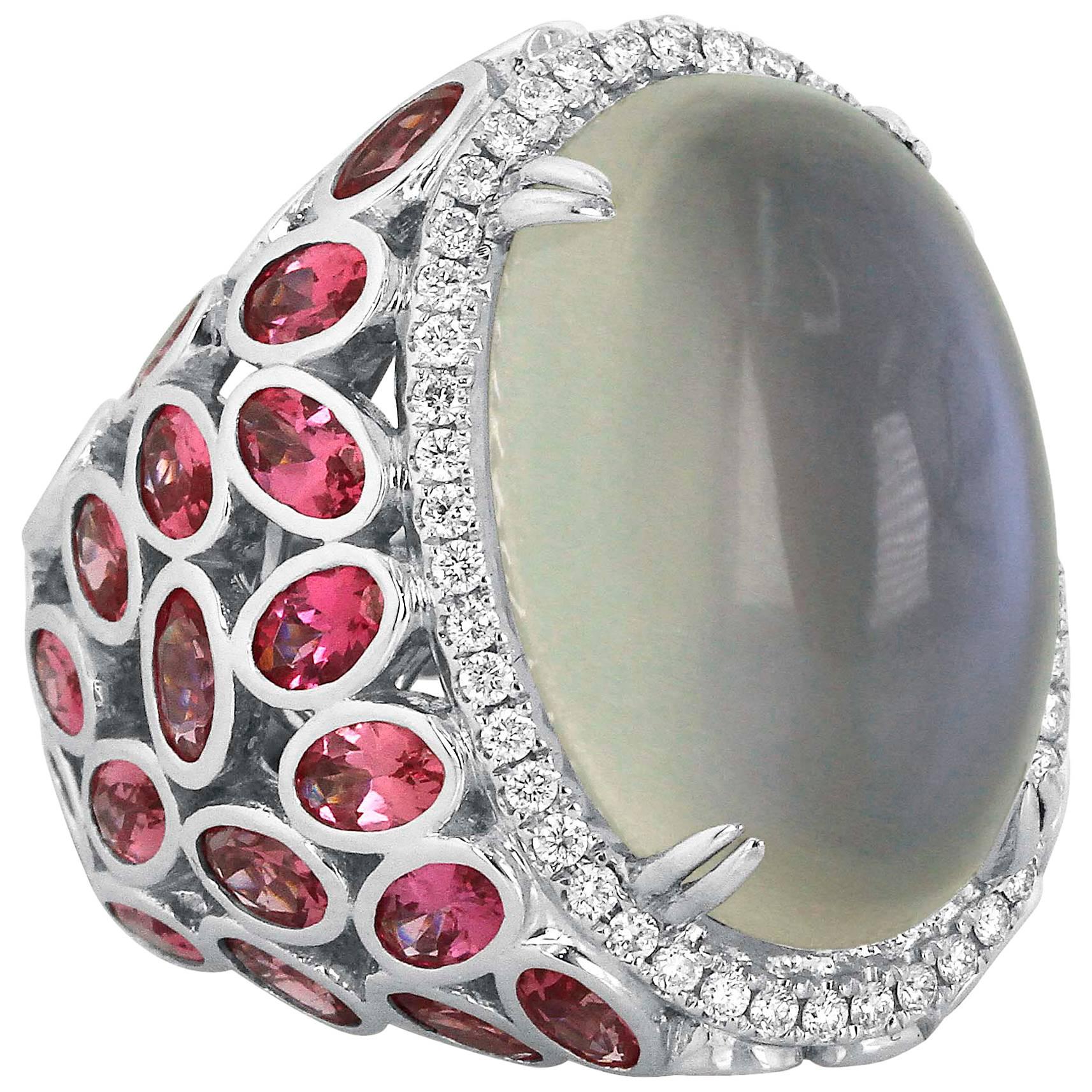 Moonstone Pink Spinel Diamond and White Gold Statement Ring For Sale