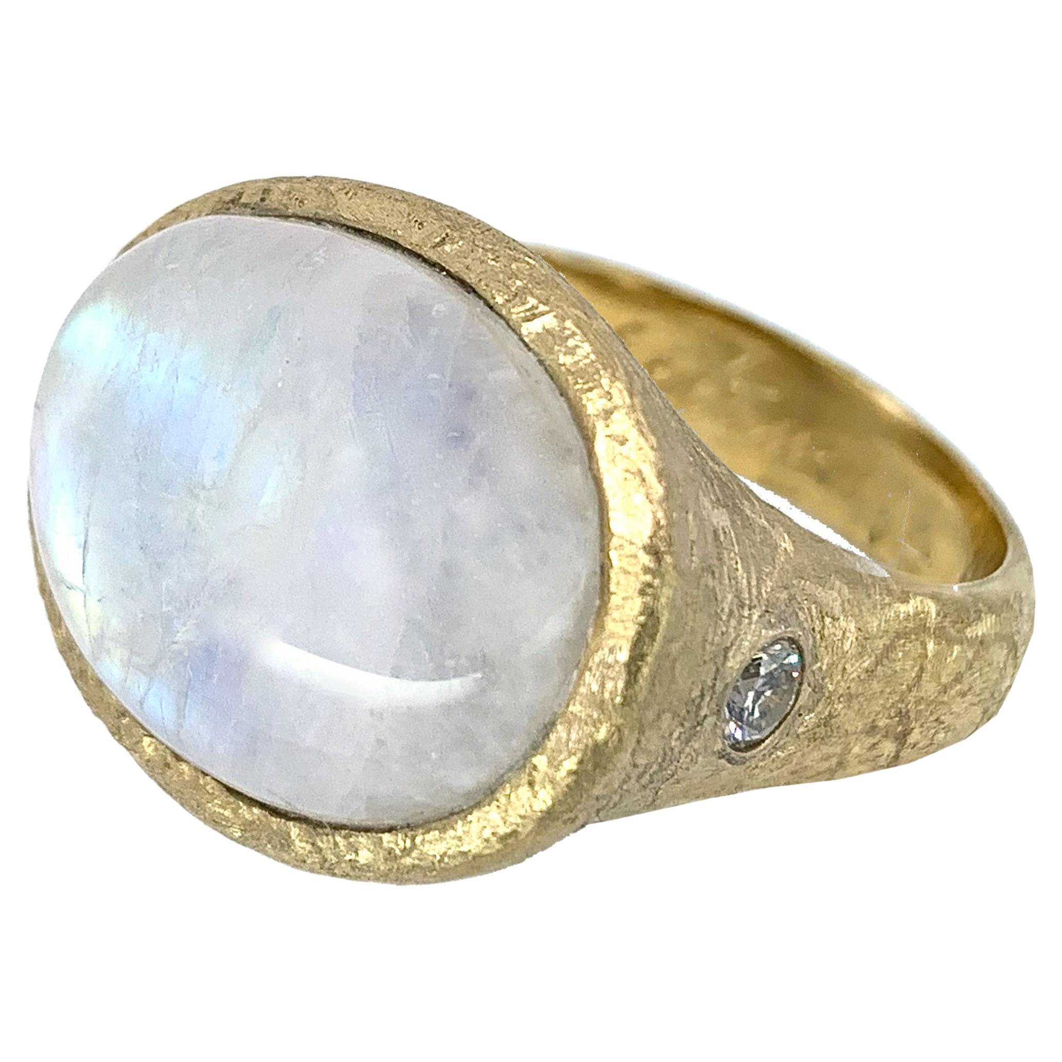 Moonstone "Rice Paper" Ring of Textured 18 Karat Gold with Diamond Accent