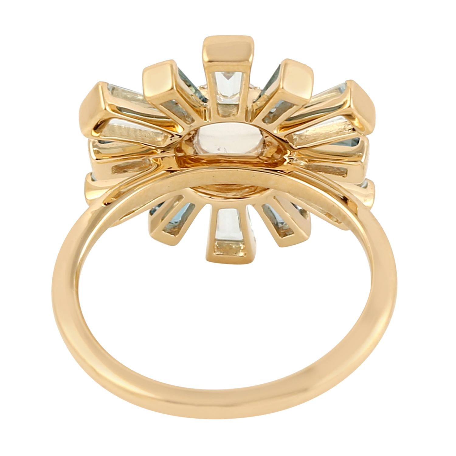 Taglio misto Anello con pietra lunare, topazio baguette e diamanti in oro giallo 18 ct. in vendita