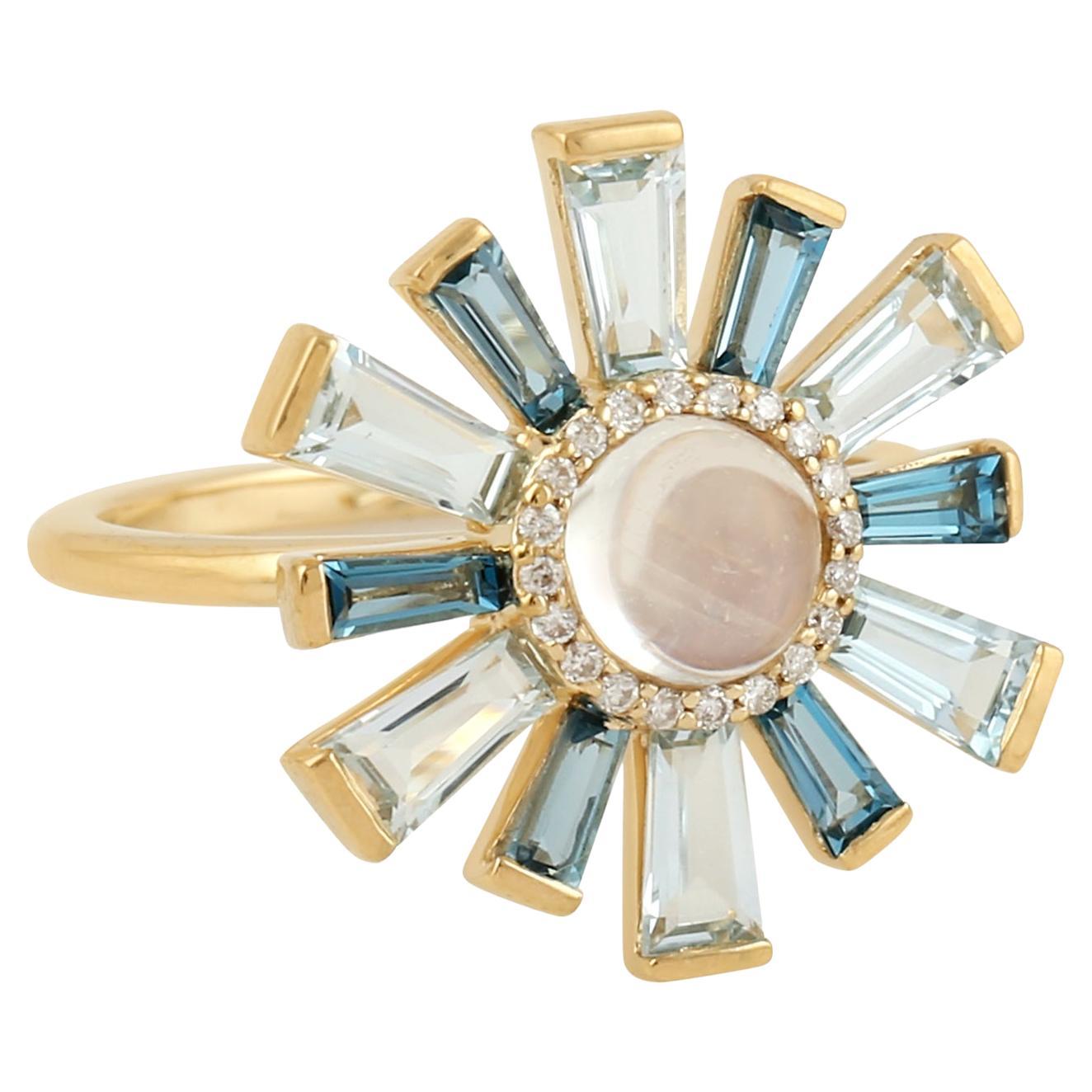 Moonstone Ring Accented With Baguette Topaz & Diamonds Made In 18k Yellow Gold