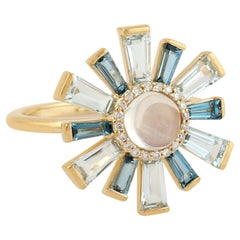 Moonstone Ring Accented With Baguette Topaz & Diamonds Made In 18k Yellow Gold