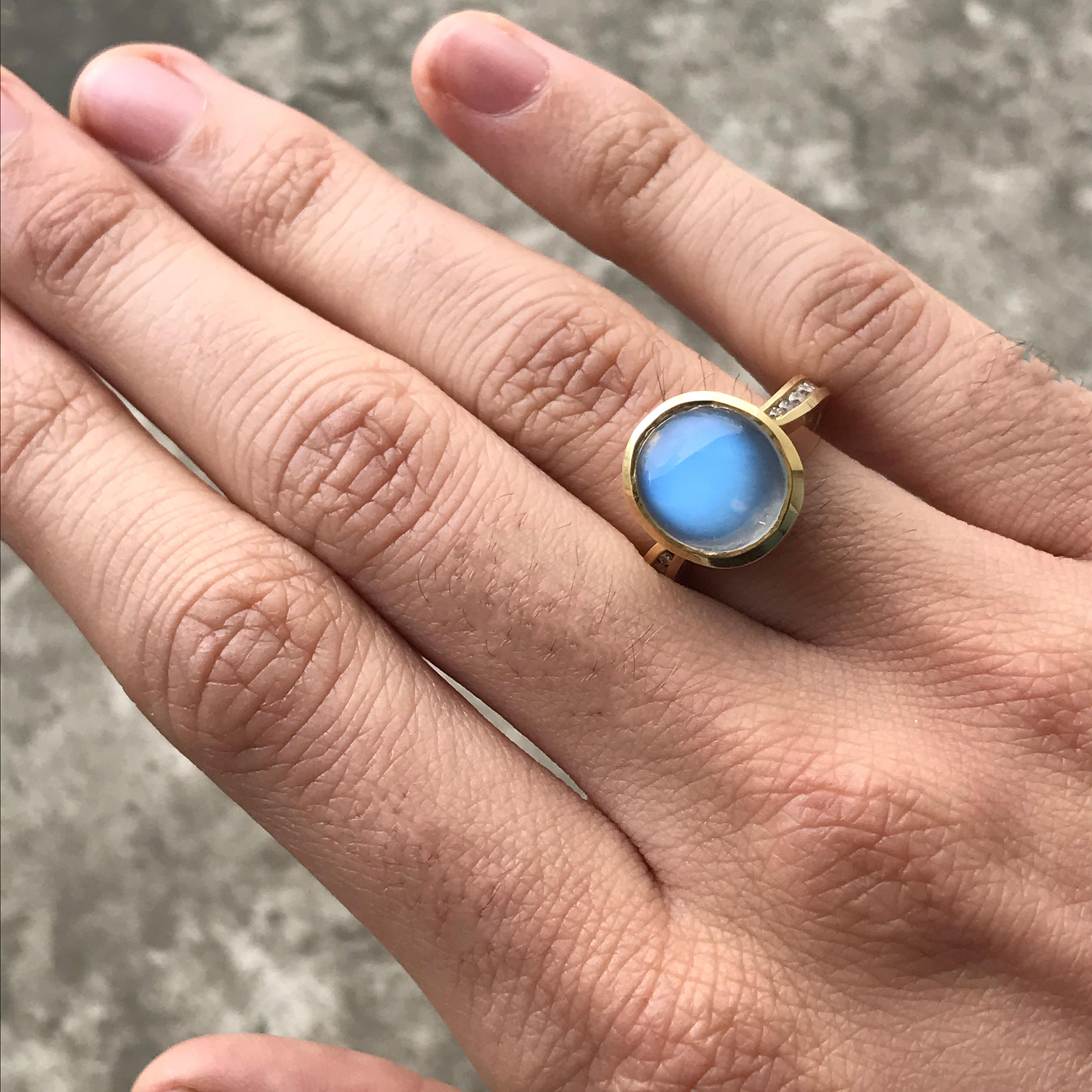 Contemporary Moonstone Ring, Set with Diamonds in 18 Karat Yellow Gold For Sale