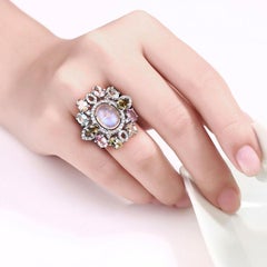 Moonstone Ring With Multicolor Tourmaline 6.72 Carats Sterling Silver