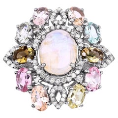 Moonstone Ring With Multicolor Tourmaline 6.72 Carats Sterling Silver