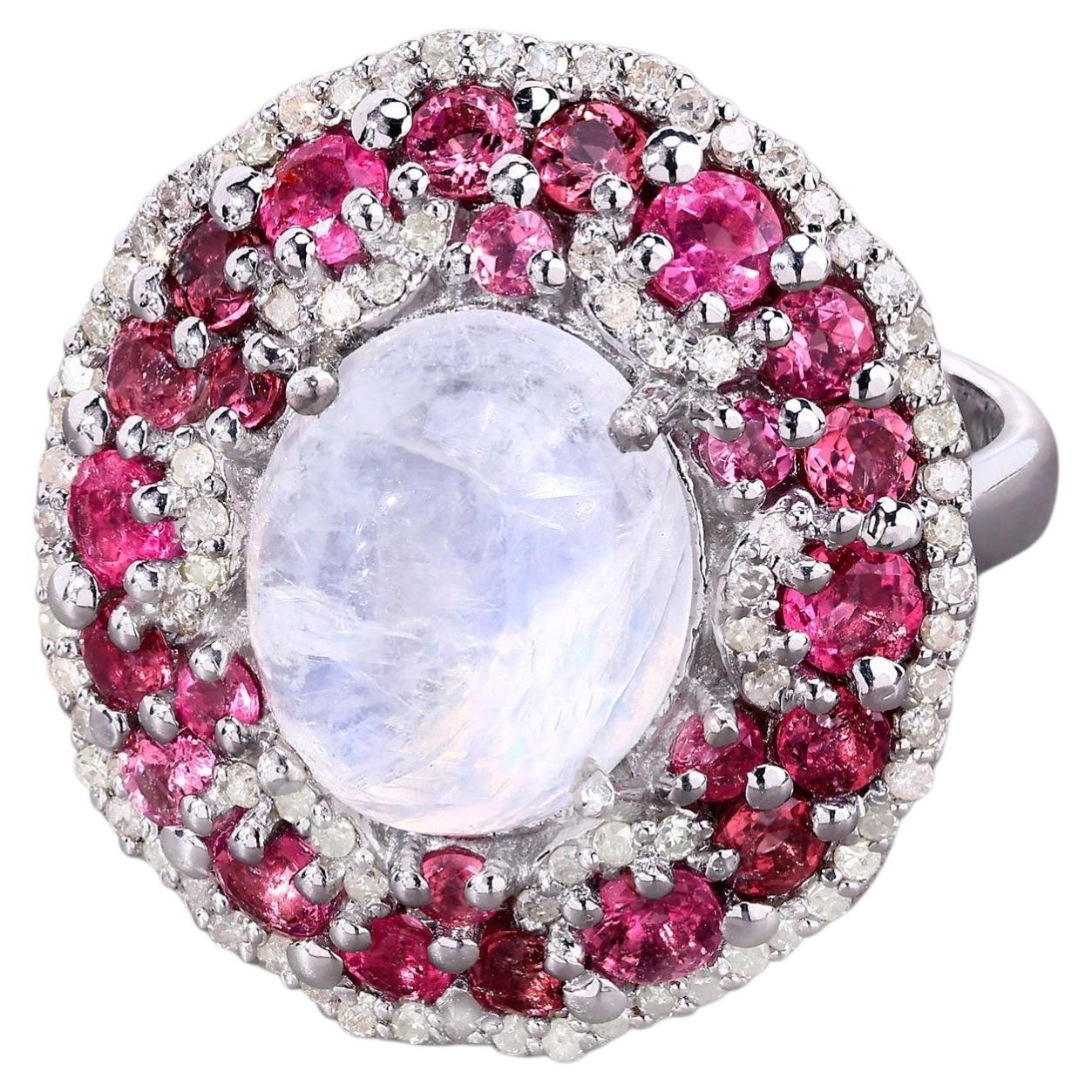 Anello con pietra di luna e tormalina rosa da 7,72 carati, argento sterling