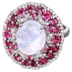 Moonstone Ring With Pink Tourmaline 7.72 Carats Sterling Silver