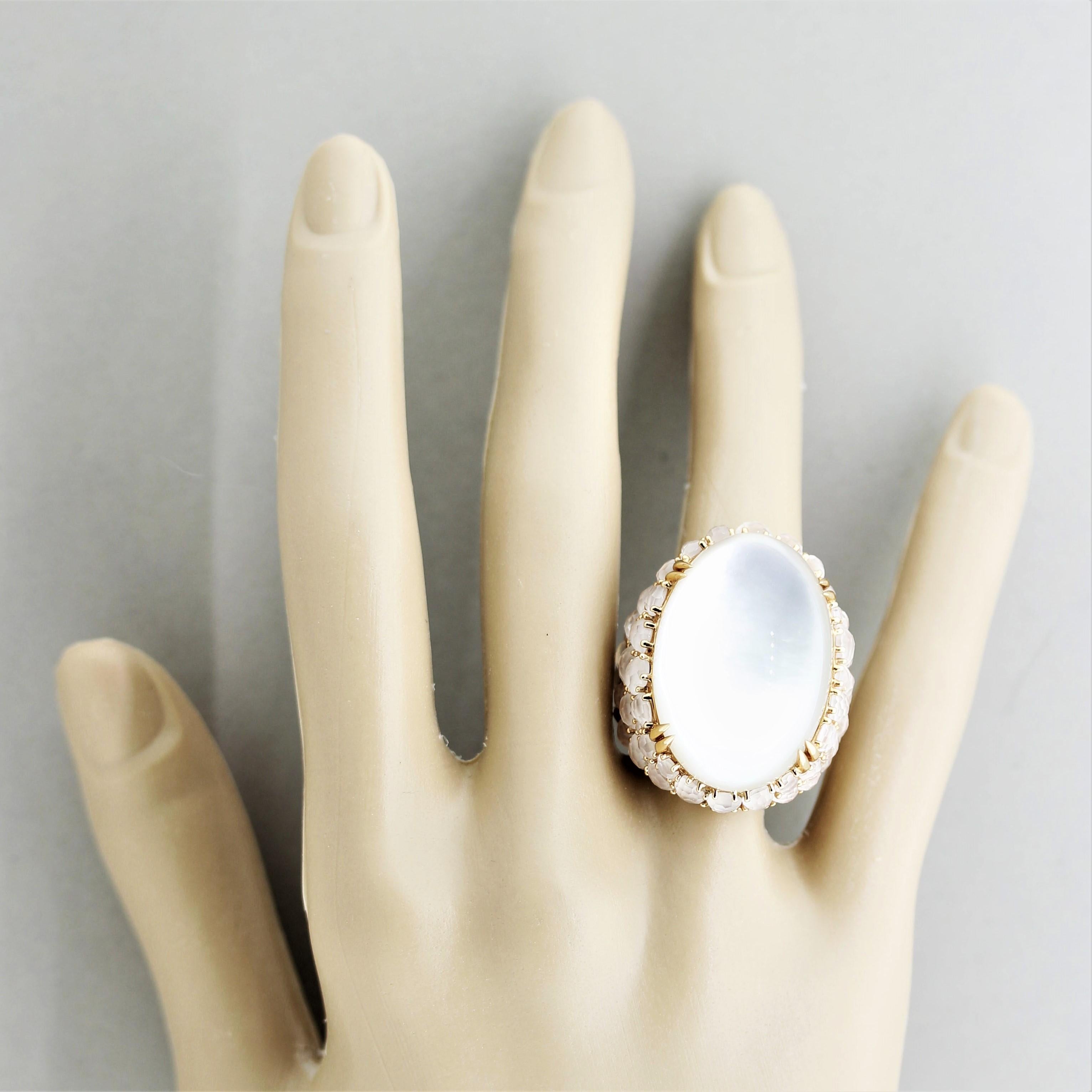 Moonstone Rock-Crystal Mother-of-Pearl Gold Cocktail Ring For Sale 2