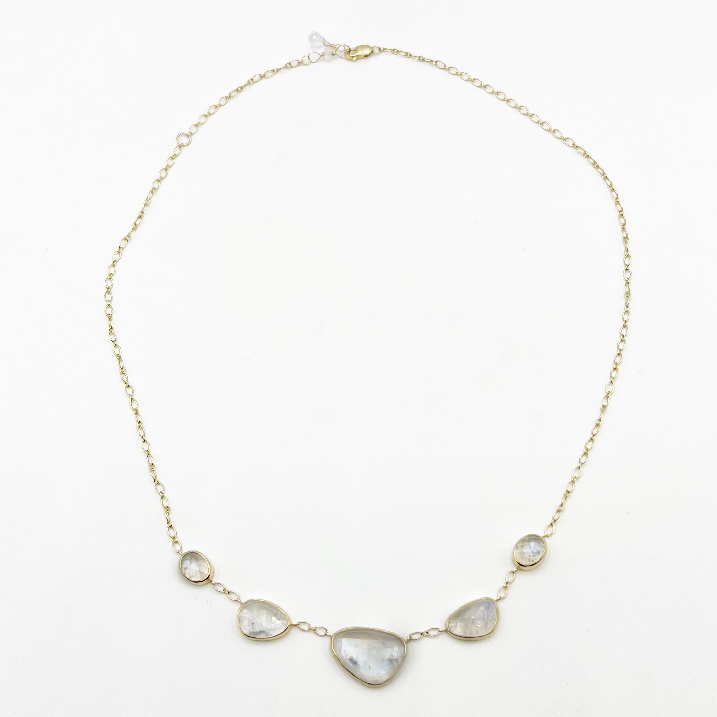 Modernist Moonstone Rose Cut Graduated Stones Set in 14 Karat Gold Necklace For Sale