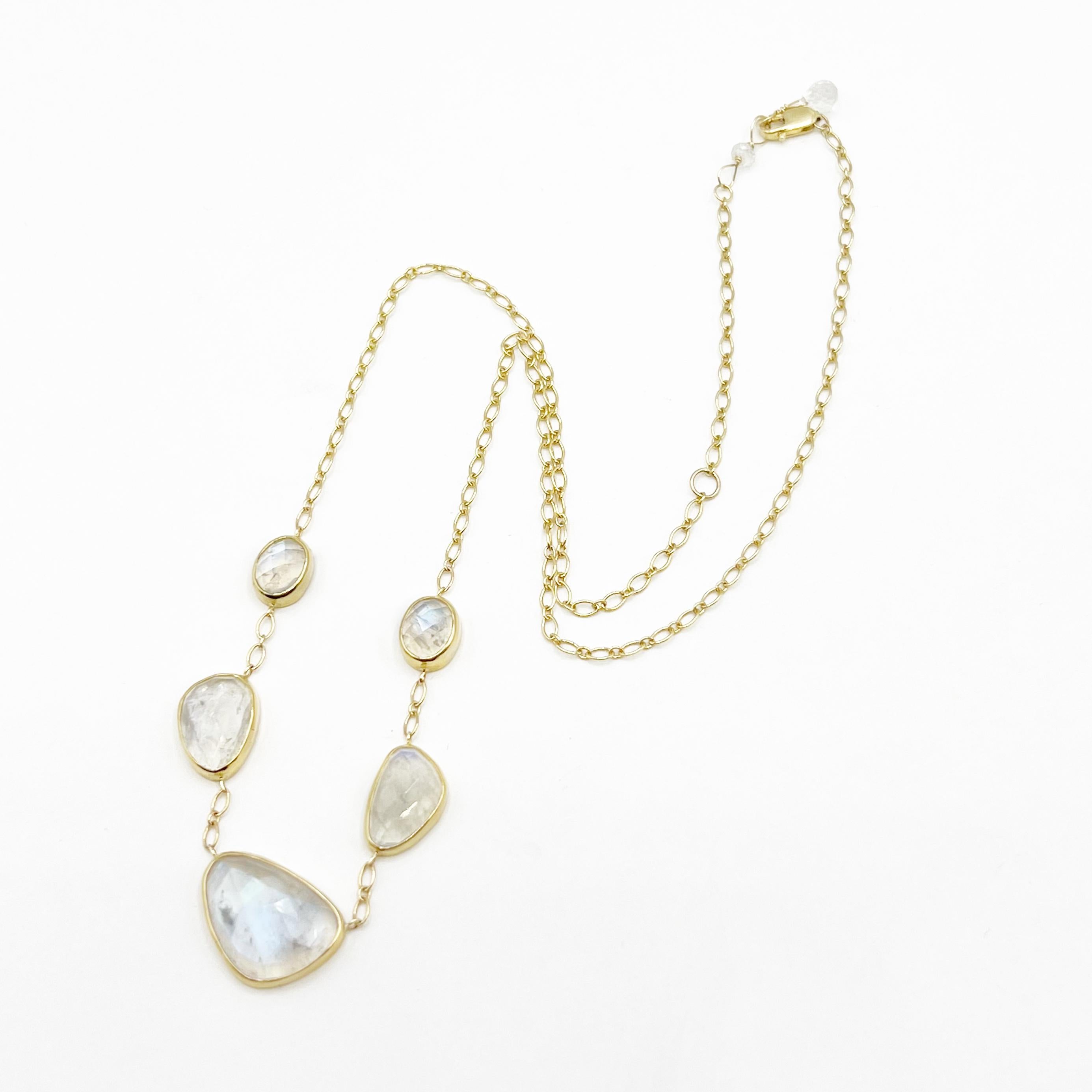 Women's or Men's Moonstone Rose Cut Graduated Stones Set in 14 Karat Gold Necklace For Sale