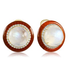 Moonstone Round White Diamond Onyx Halo 18 Karat Gold Art Deco Fashion Earring