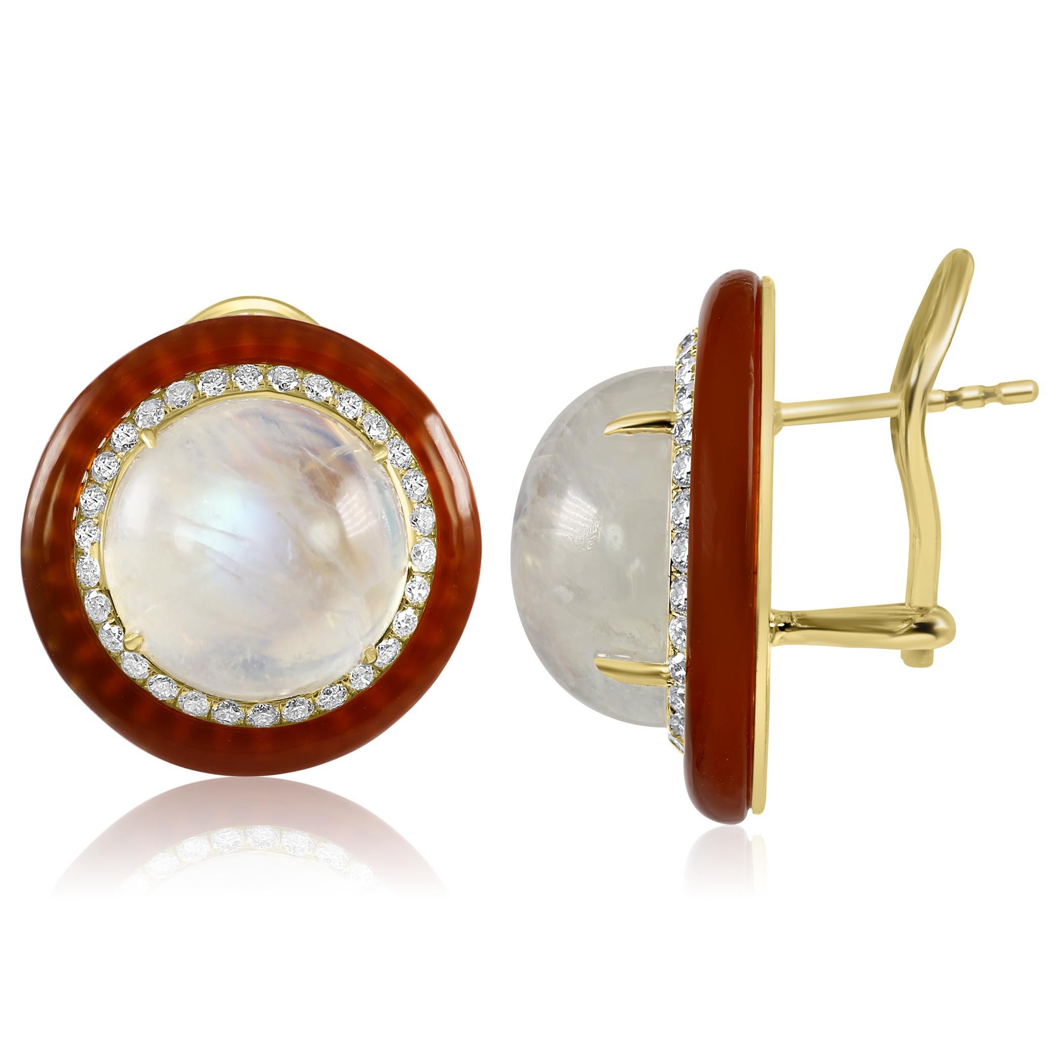 Art Deco Mode-Ohrring, Mondstein, runder weißer Diamant, Onyx, Halo, 18 Karat Gelbgold (Art déco) im Angebot