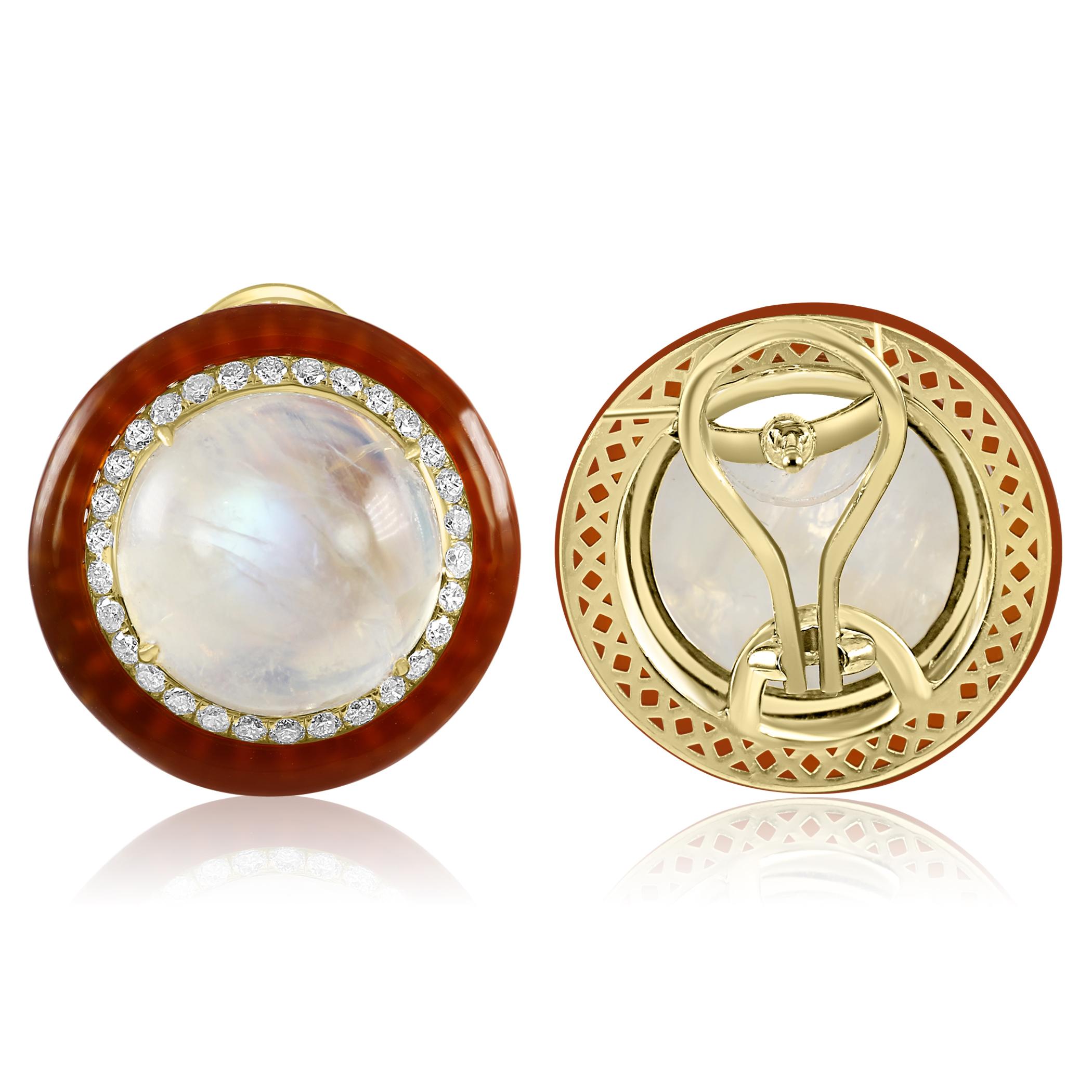 Moonstone Round White Diamond Onyx Halo 18K Yellow Gold Art Deco Fashion Earring In New Condition For Sale In Sayreville, NJ