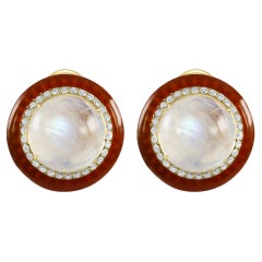 Moonstone Round White Diamond Onyx Halo 18K Yellow Gold Art Deco Fashion Earring