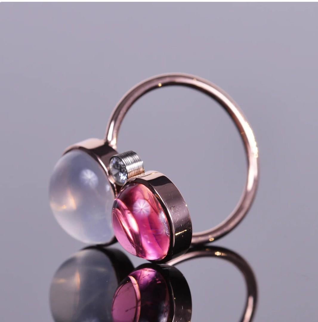 Cabochon Moonstone, Rubellite, and Diamond Rose Gold Ring