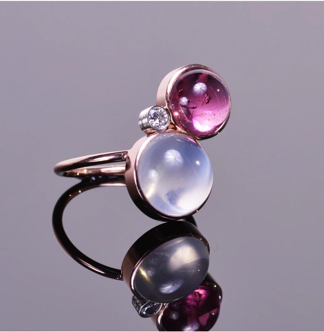 Moonstone, Rubellite, and Diamond Rose Gold Ring In New Condition In Phoenix, AZ