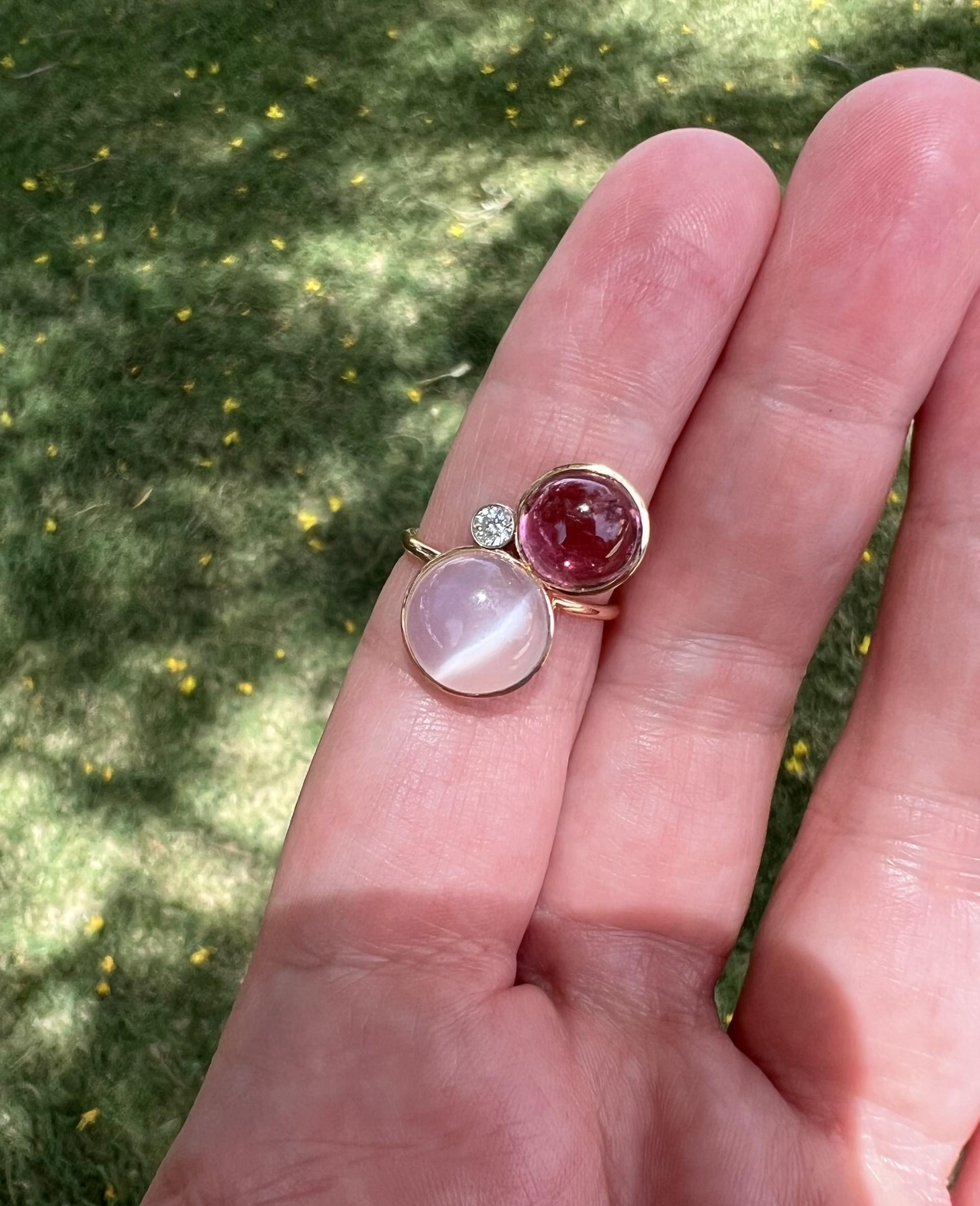 Women's or Men's Moonstone, Rubellite, and Diamond Rose Gold Ring