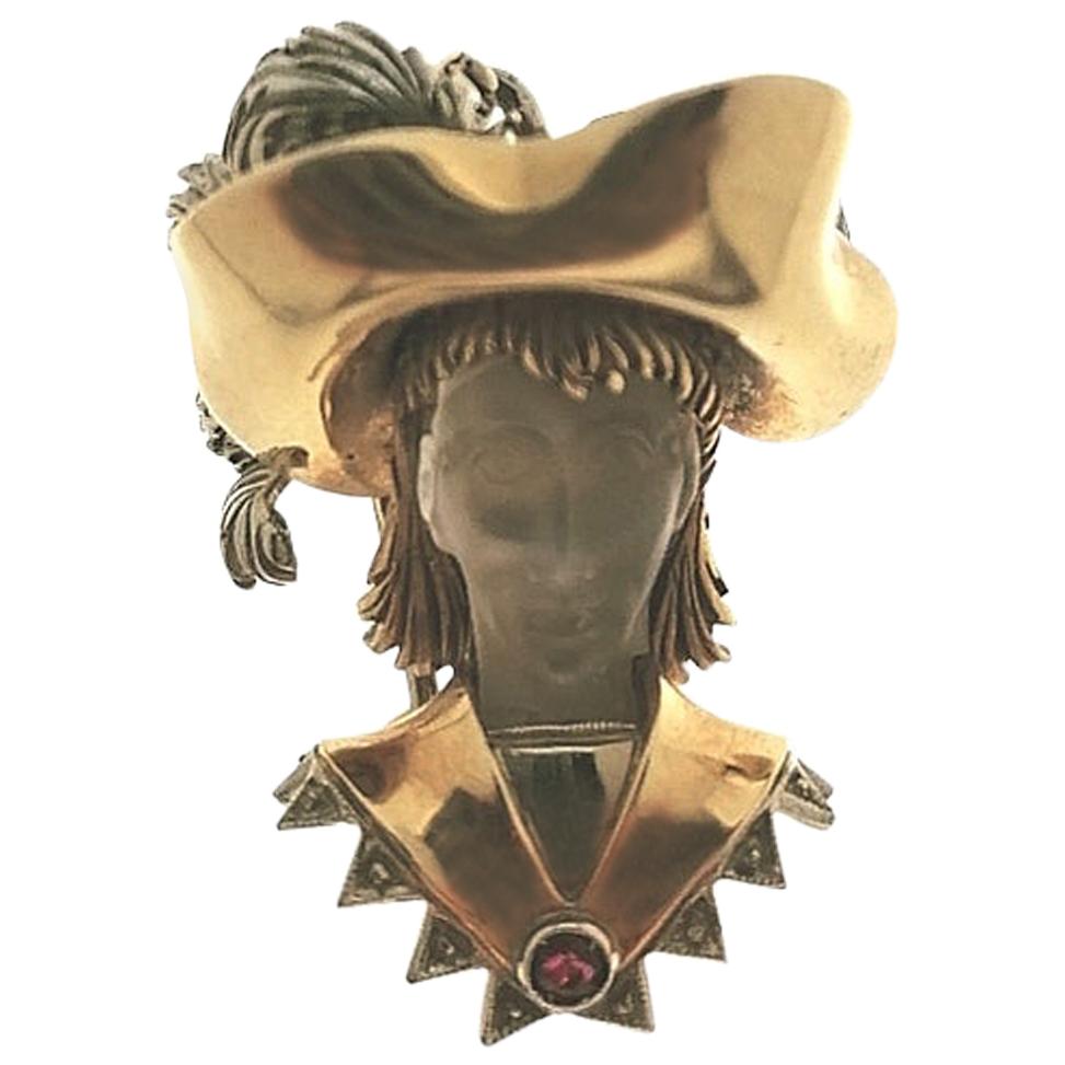 Moonstone, Rubi and Gold Musketeer Brooch For Sale