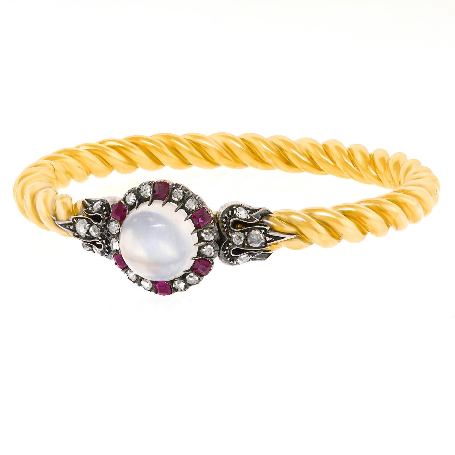 Moonstone, Ruby and Diamond Bracelet 18k c1870s France For Sale 4